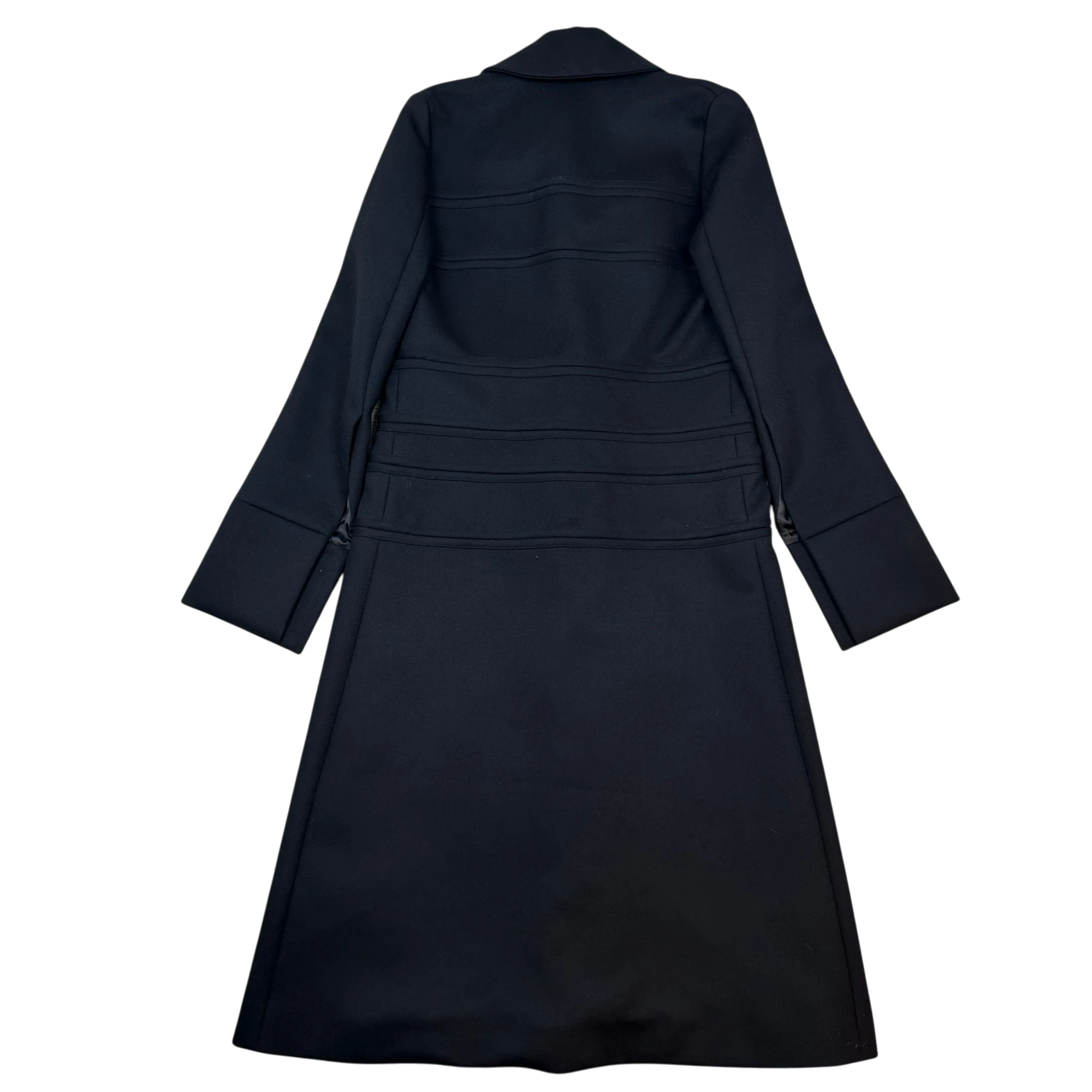 Zenno Archive black wool coat featuring horizontal strap detailing and a structured collar, back view.