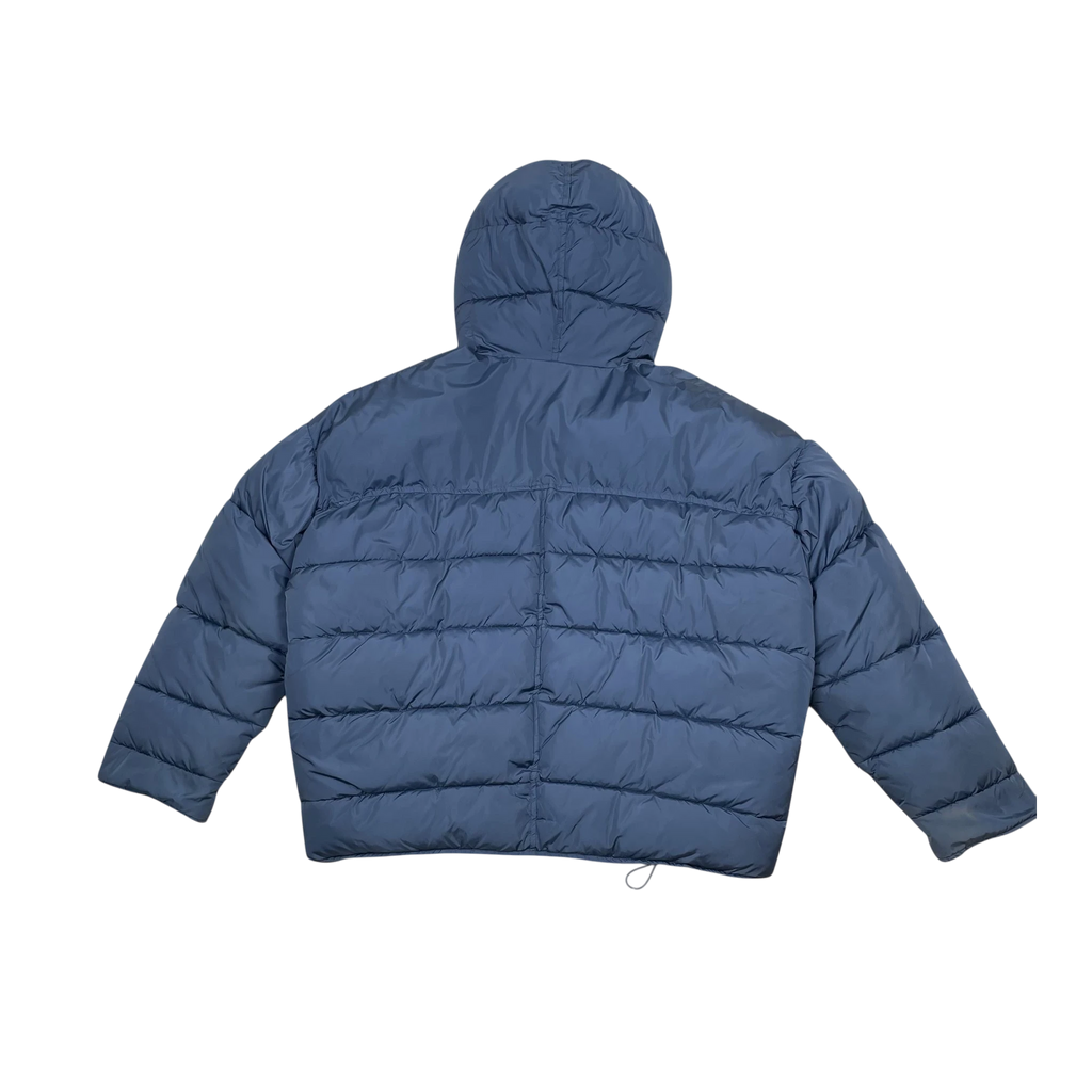 Zenno Archive Random Identities blue duvet puffer jacket with a hood, shown from the back view.