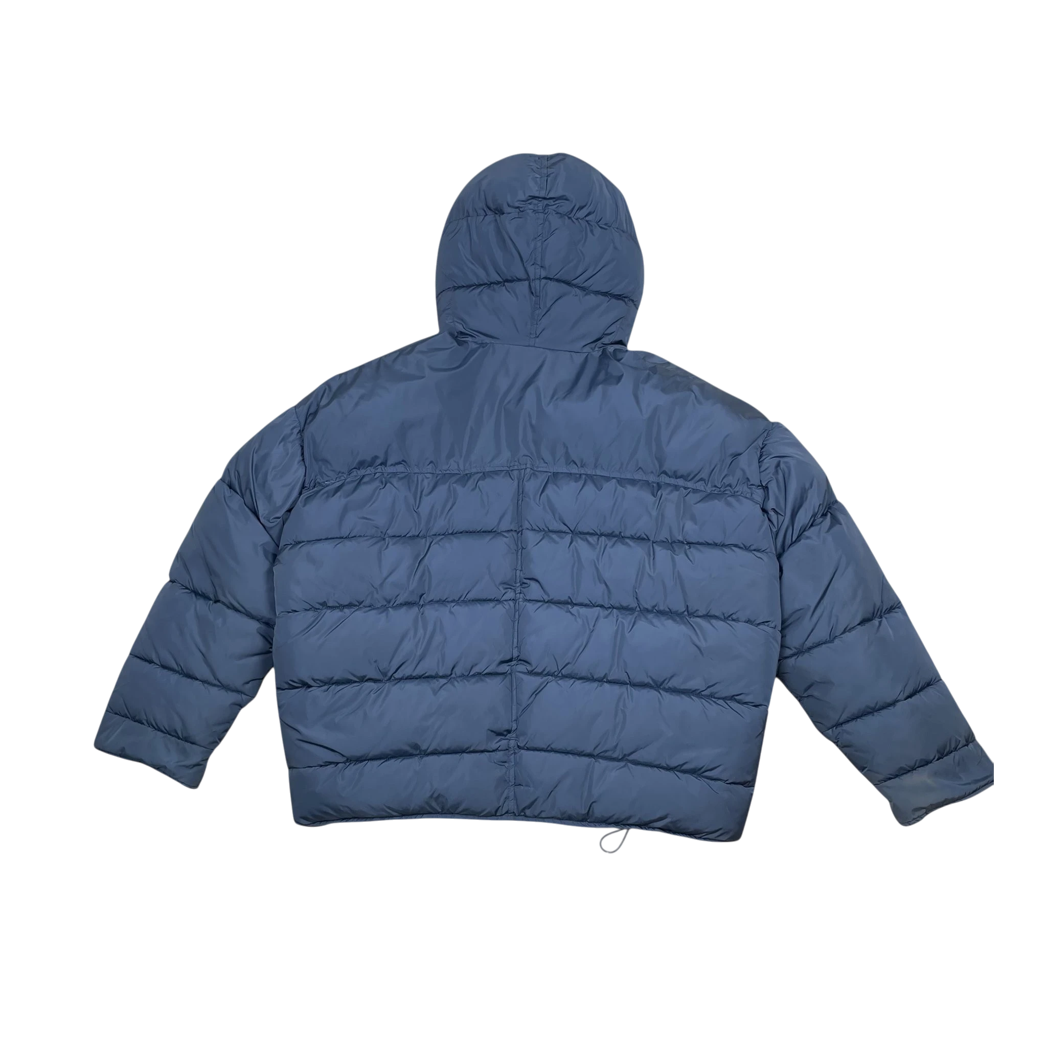 Zenno Archive Random Identities blue duvet puffer jacket with a hood, shown from the back view.
