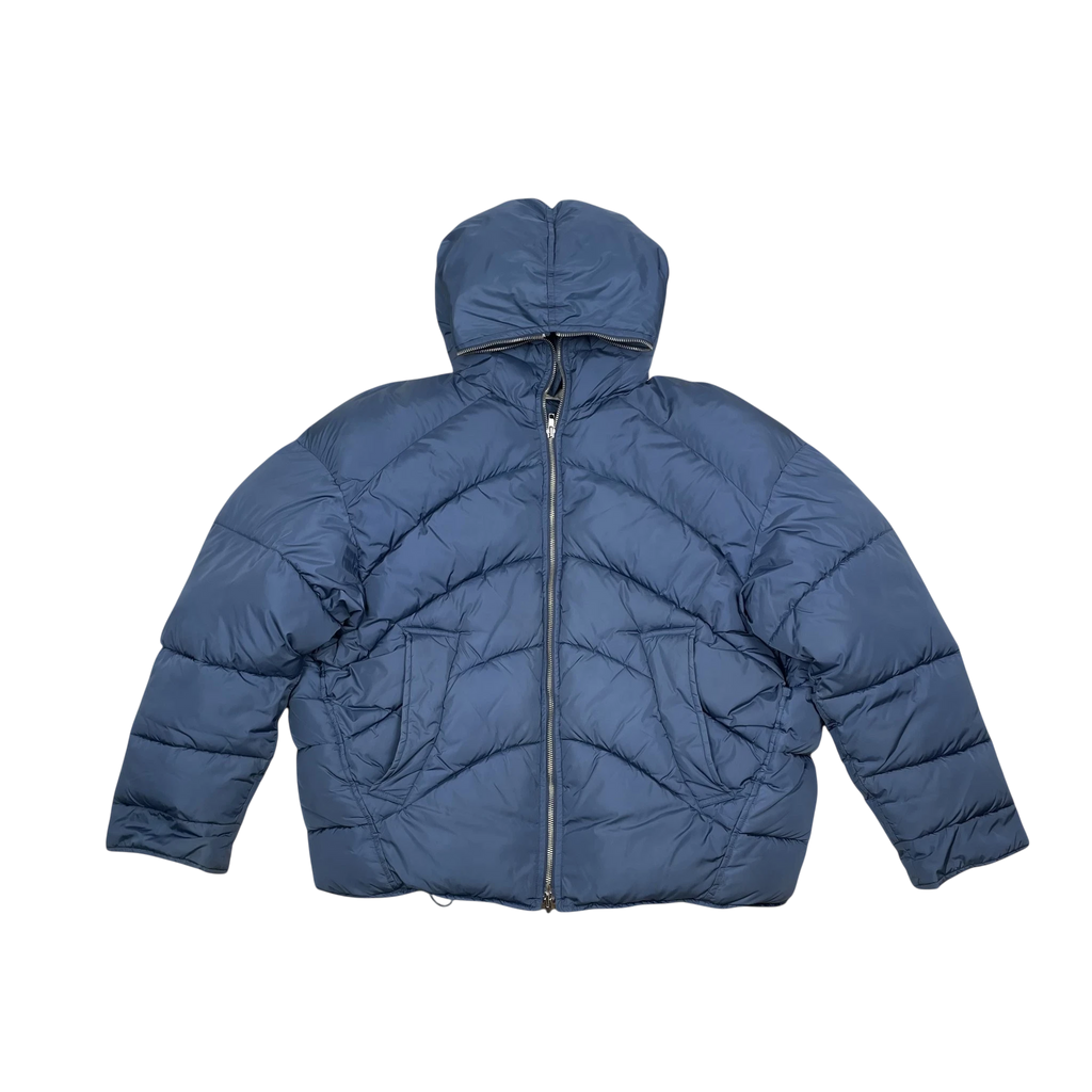 Zenno Archive Random Identities blue duvet puffer jacket with a hood and full-length front zipper closure.