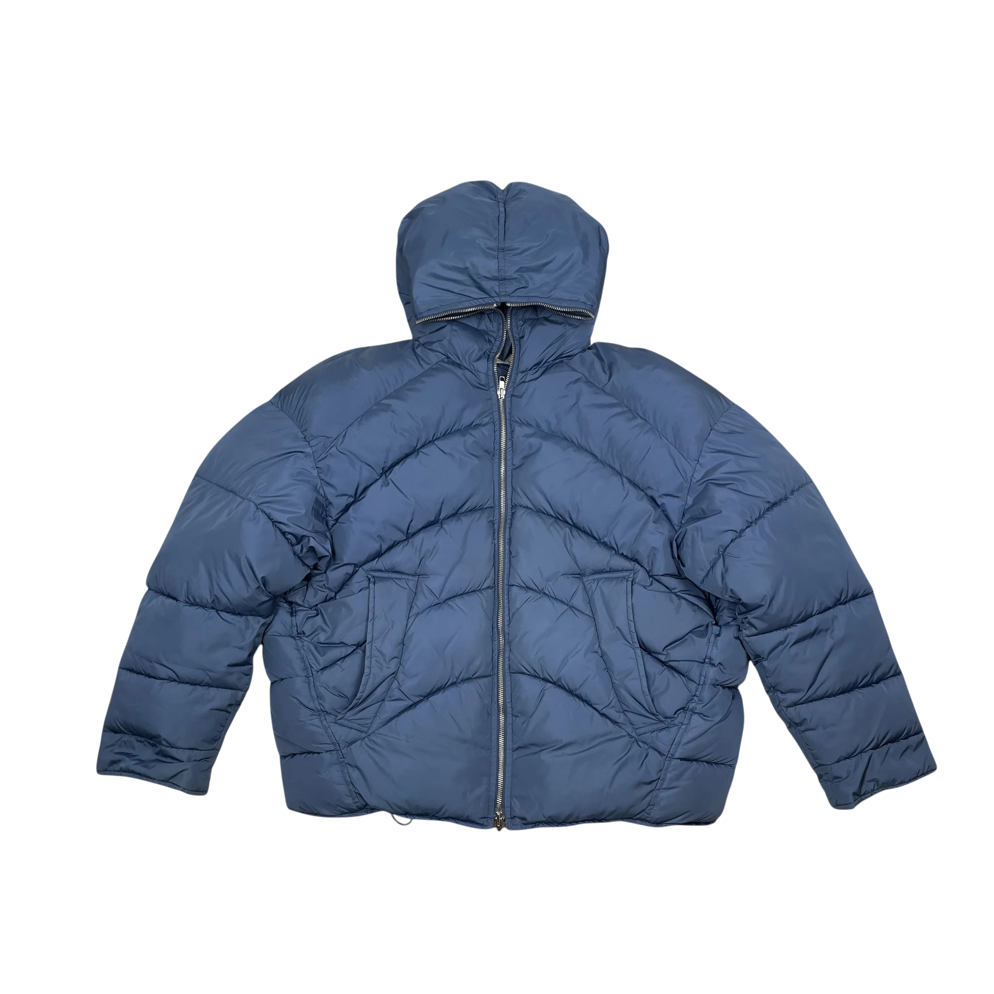 Zenno Archive Random Identities blue duvet puffer jacket with a hood and full-length front zipper closure.