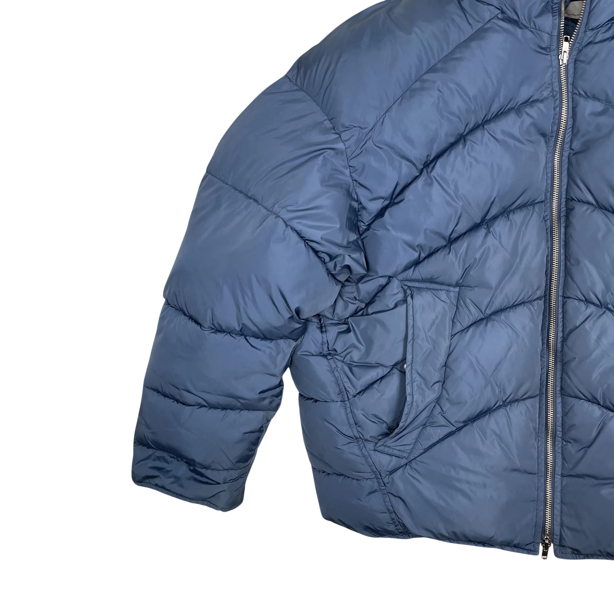 Zenno Archive blue Random Identities duvet puffer jacket with quilted pattern and front zipper closure