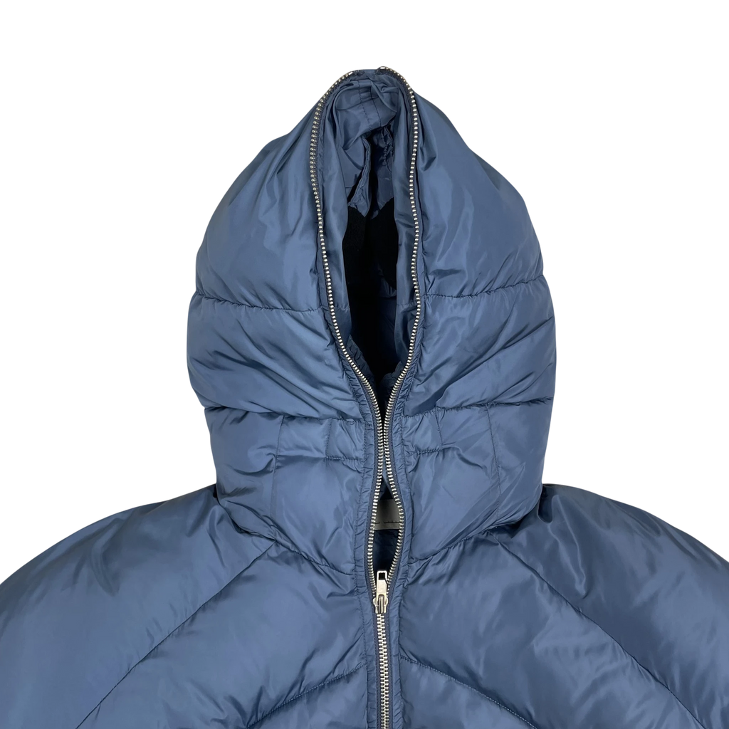 Zenno Archive blue duvet puffer jacket with a high-neck hooded design and silver front zipper closure