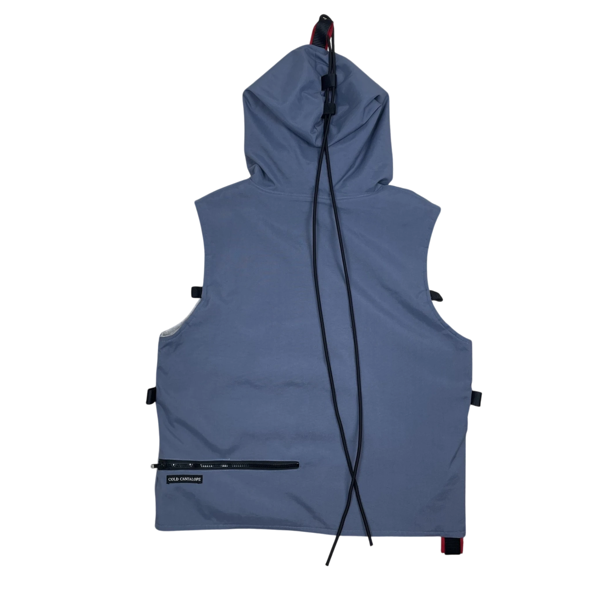 Zenno Archive Cold Cantalope 90s blue technical hooded vest with adjustable drawstrings and side zipper pocket