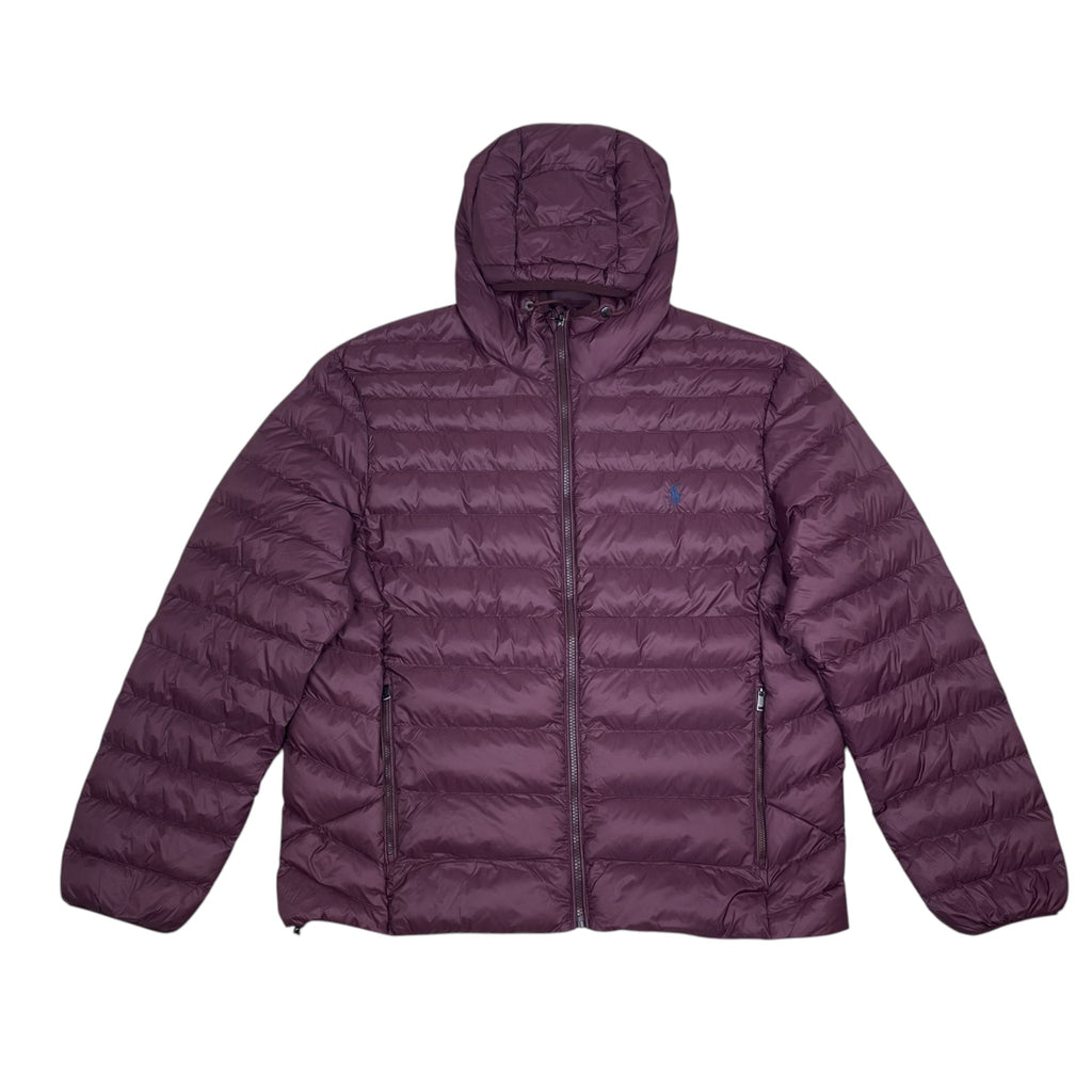 Zenno Archive Polo Ralph Lauren burgundy down puffer jacket with hood and front zip closure
