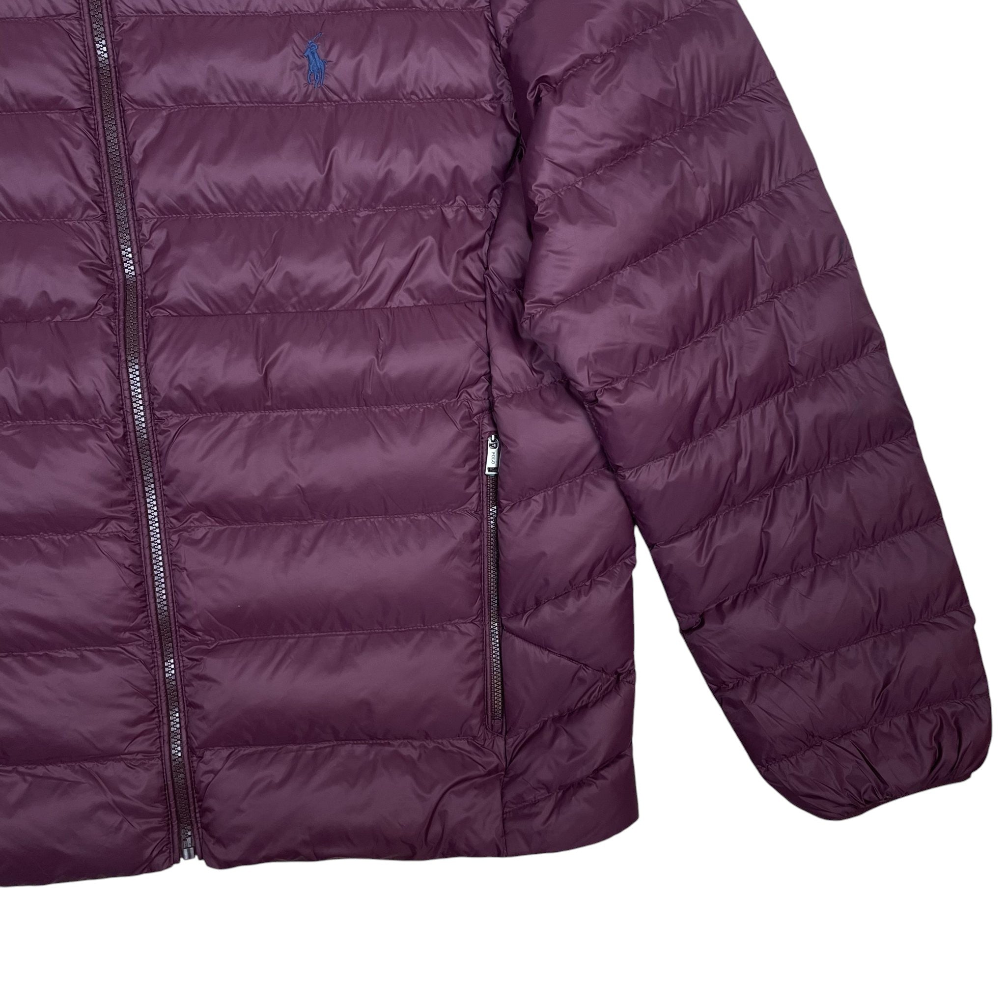 Zenno Archive Polo Ralph Lauren burgundy down puffer jacket with zip pockets and embroidered logo