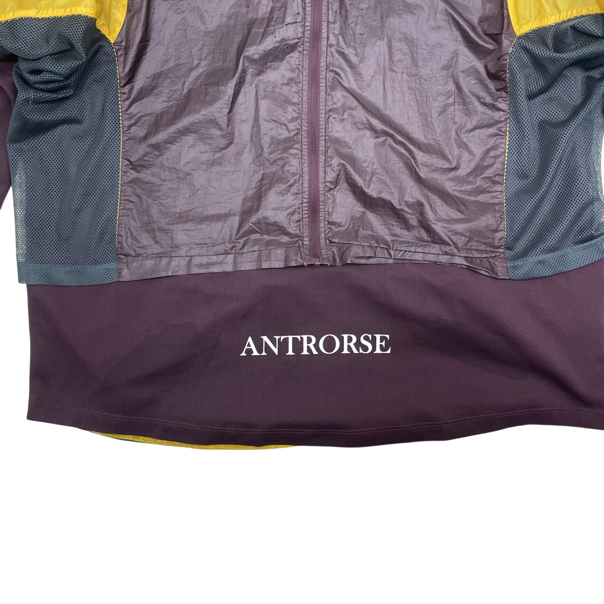 Zenno Archive Nike x Undercover Gyakusou burgundy and yellow technical jacket with mesh panels and ANTRORSE print