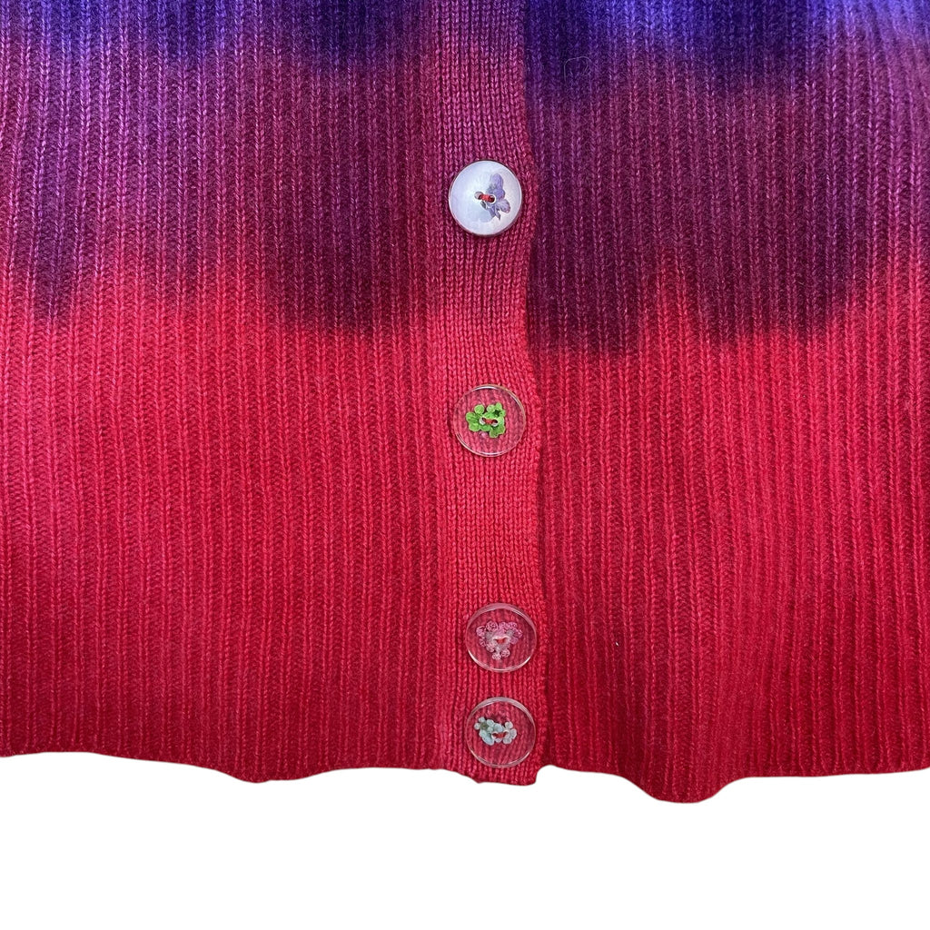 Zenno Archive The Elder Statesman cashmere cardigan featuring a purple to red ombré tie-dye pattern and clear buttons.