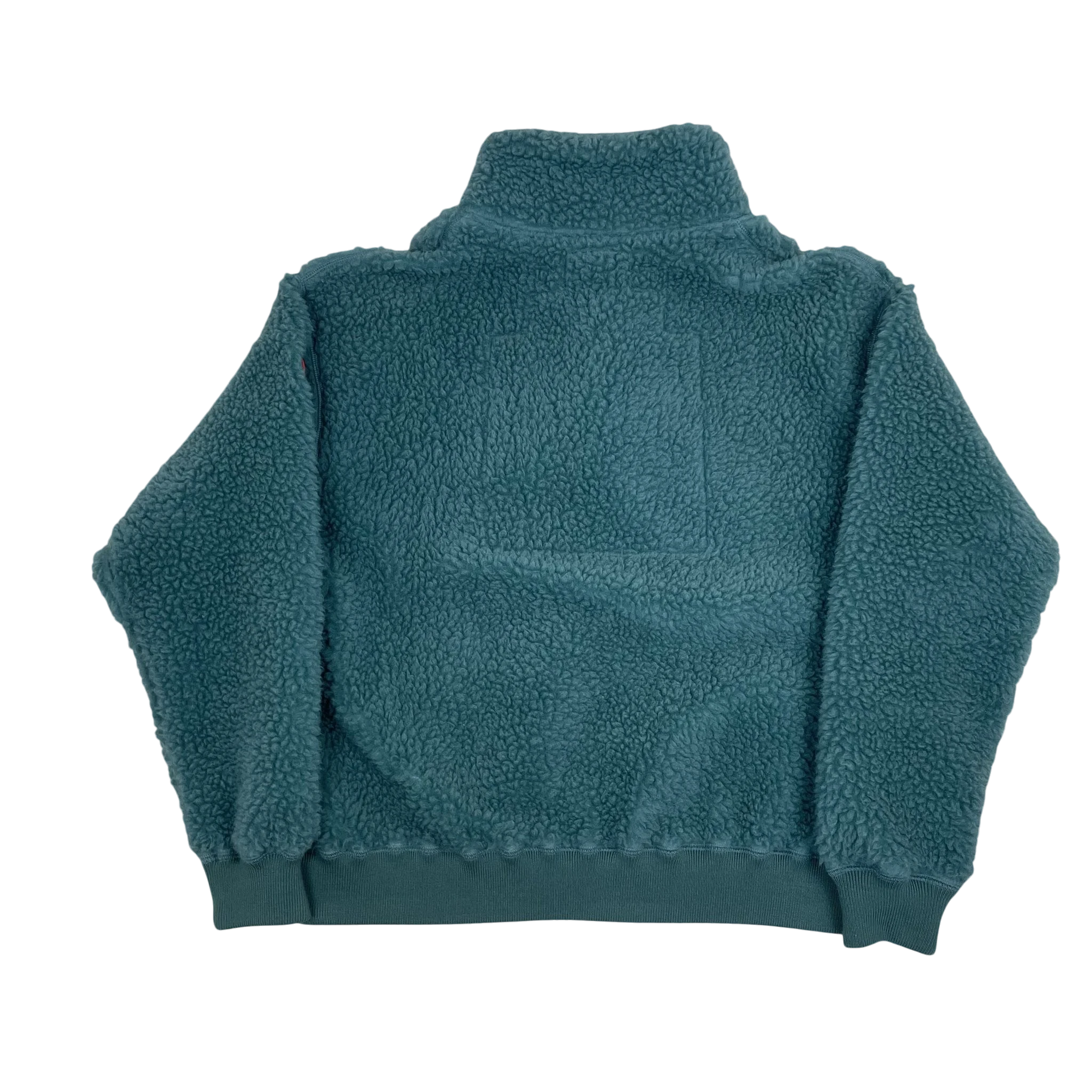 Back view of a turquoise Cav Empt AW23 fleece pullover jumper with a textured sherpa finish from Zenno Archive.