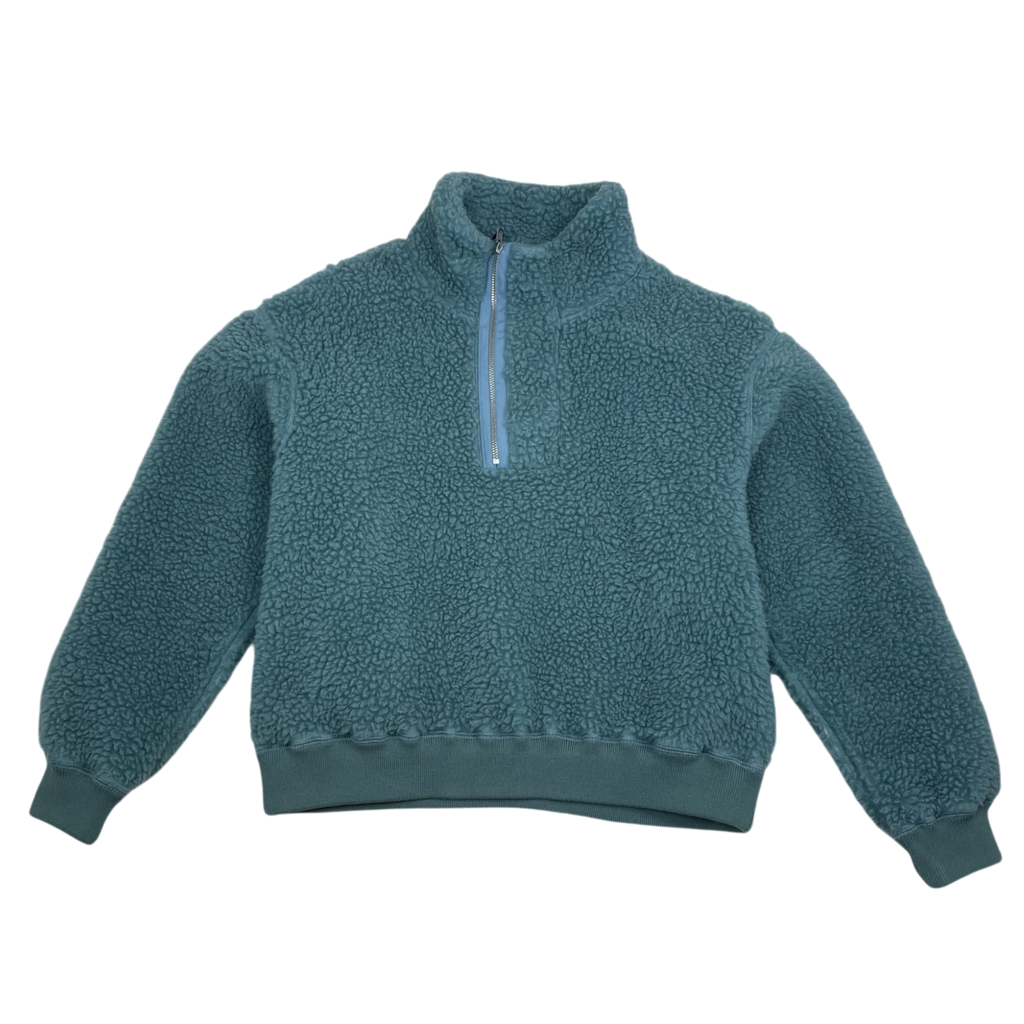Zenno Archive Cav Empt turquoise asymmetric zip pullover fleece jumper with a high collar and ribbed cuffs