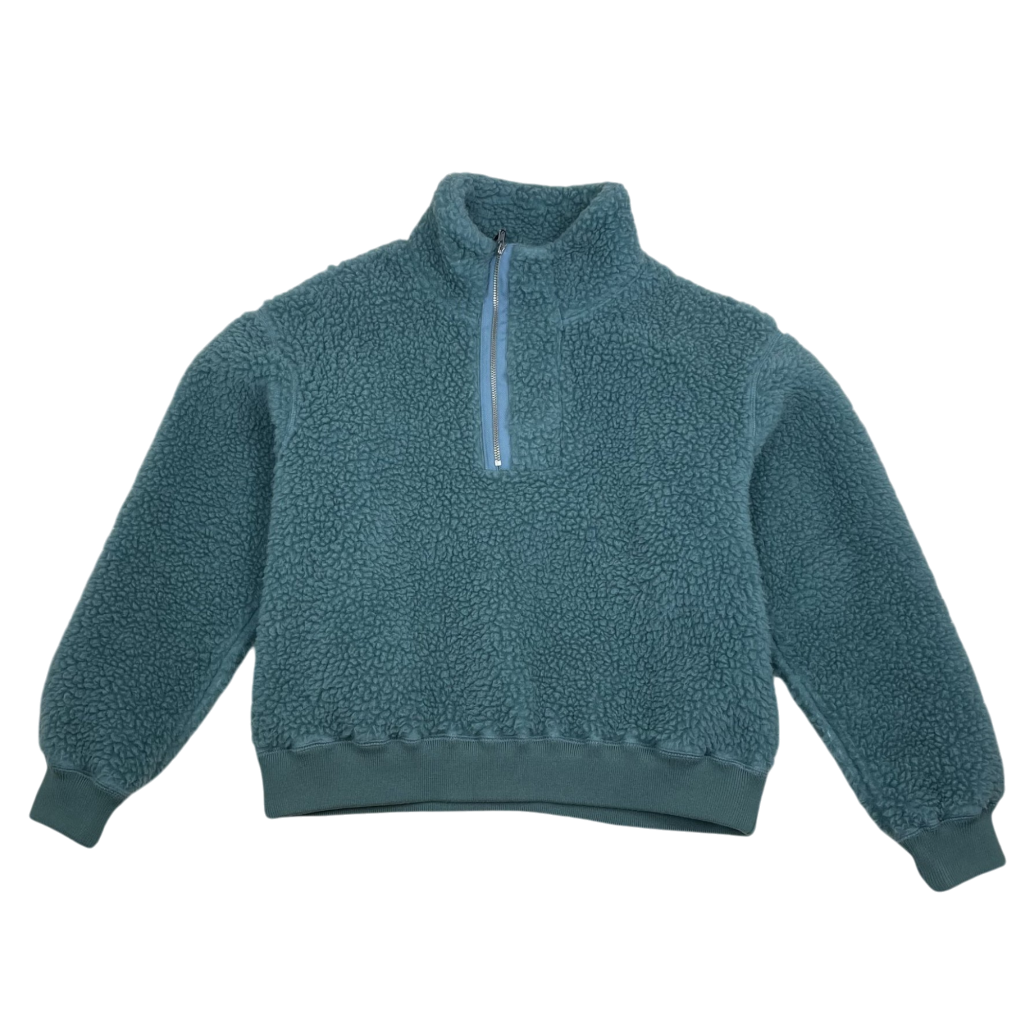 Zenno Archive Cav Empt turquoise asymmetric zip pullover fleece jumper with a high collar and ribbed cuffs