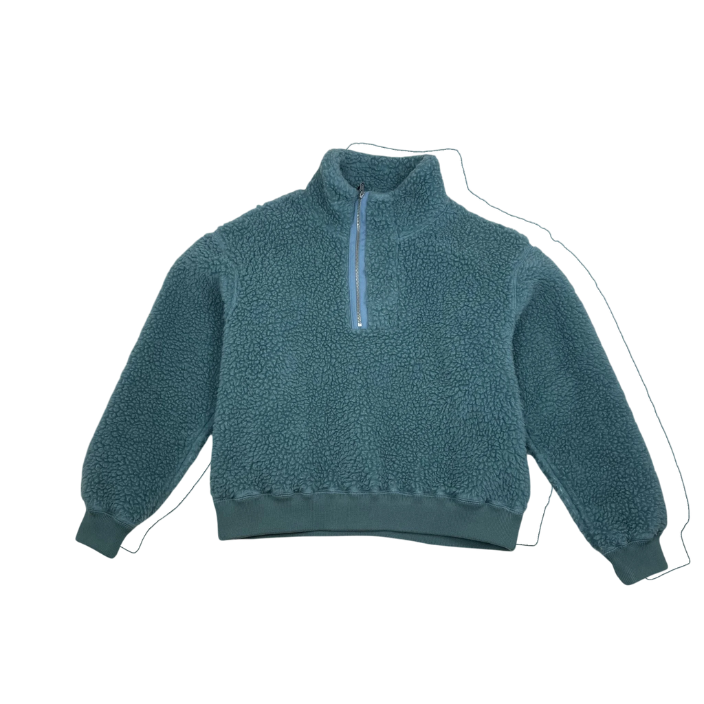 Zenno Archive Cav Empt turquoise fleece pullover with an asymmetric half-zip collar and ribbed cuffs.