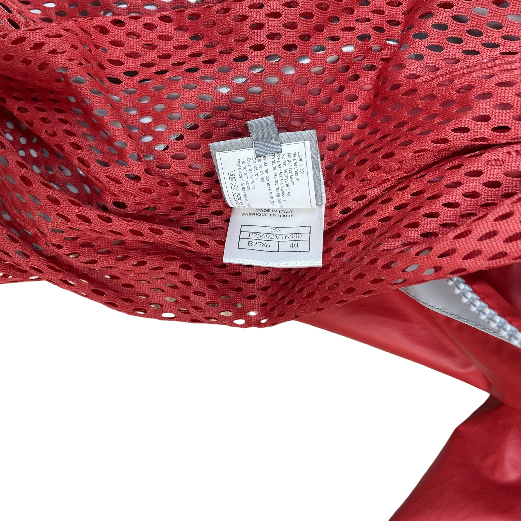 Zenno Archive Chanel Sport 90s red mesh rain coat interior label showing size 40 and Made in Italy details