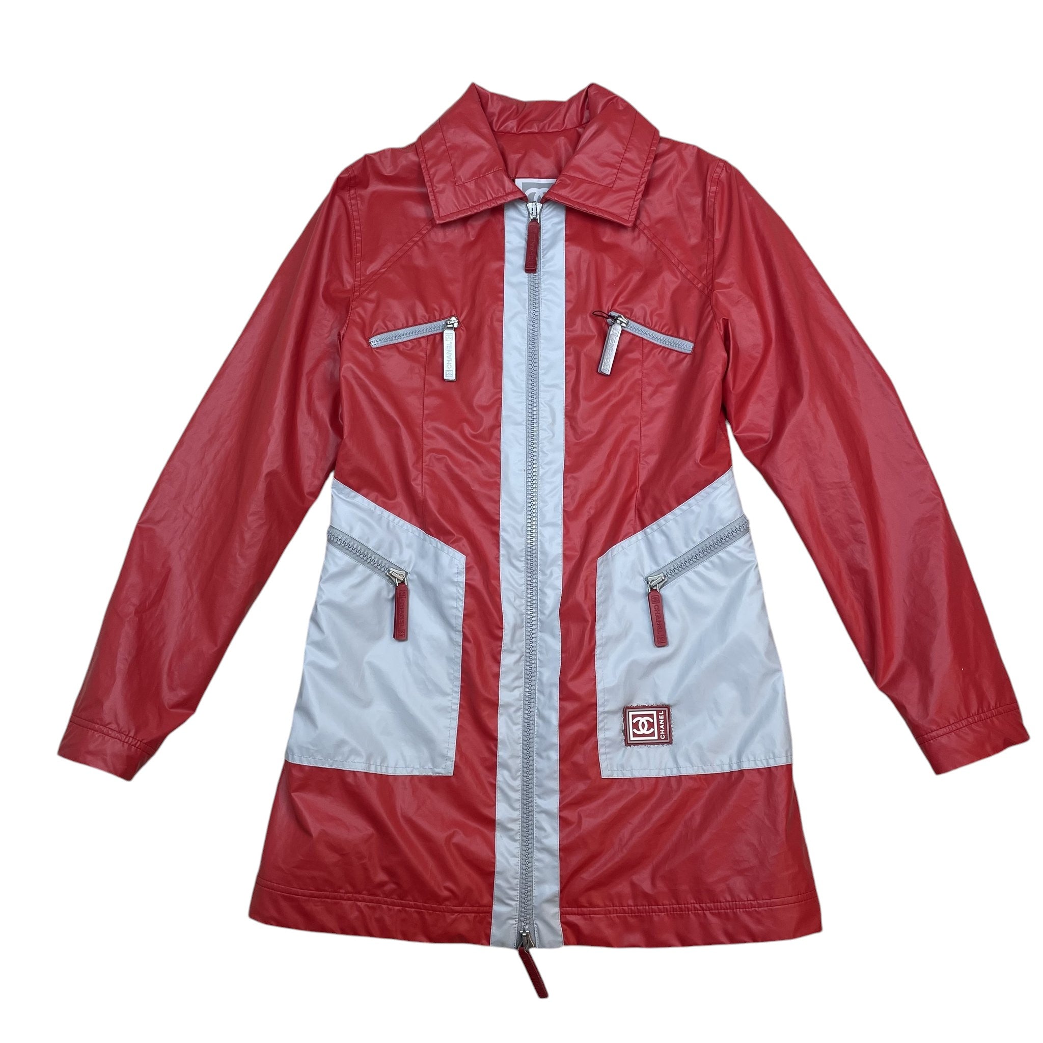 Zenno Archive vintage Chanel Sport 90s red and silver polyester rain coat with zip pockets and logo patch