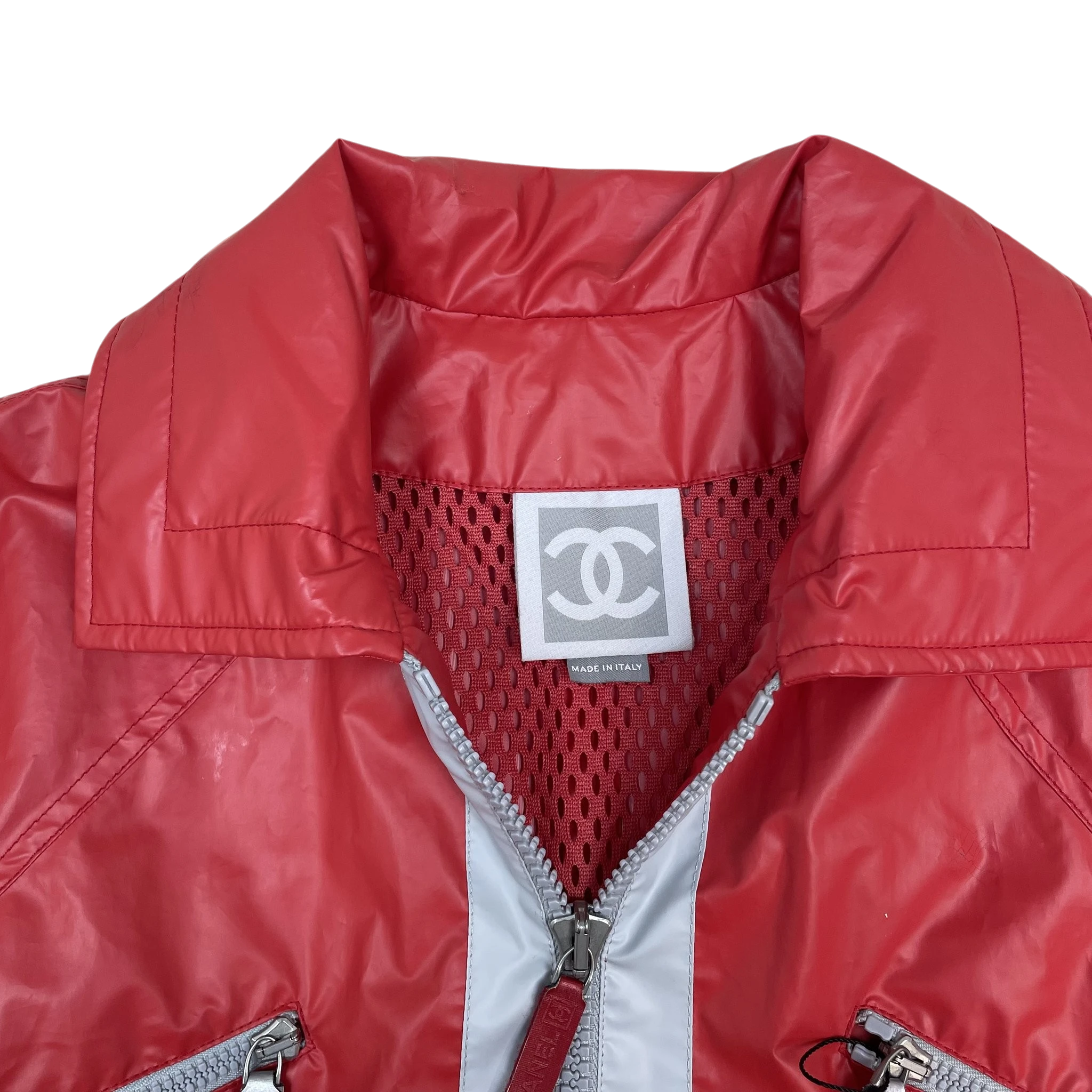 Zenno Archive vintage Chanel Sport red polyester rain coat with mesh lining and branded zipper pull