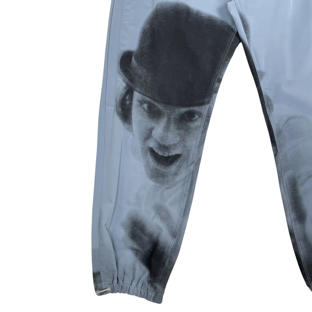 Zenno Archive baby blue track pants featuring a large A Clockwork Orange Alex graphic print on the leg
