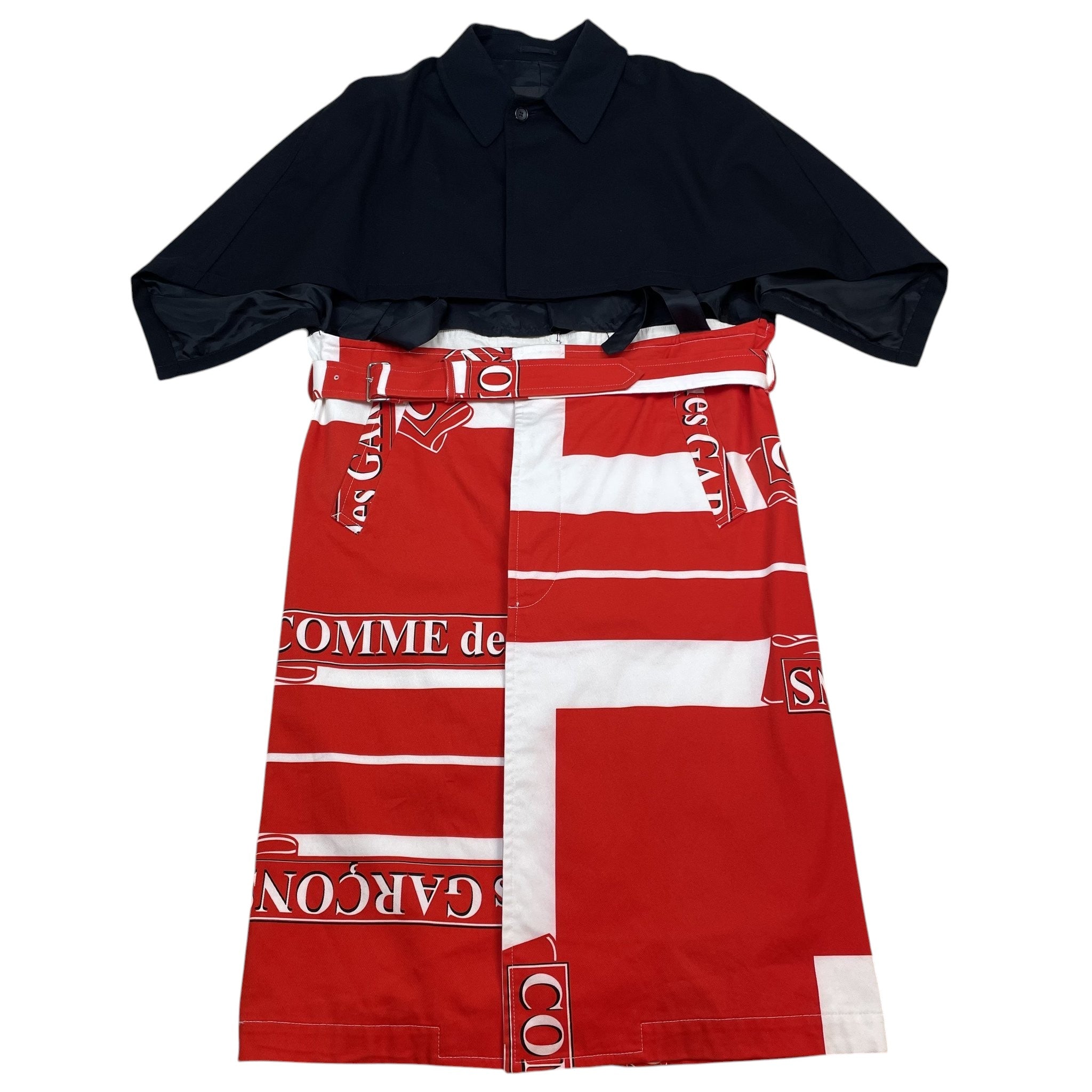 Zenno Archive Comme des Garçons Homme Plus AW20 black cape top and red white logo print skirt docking coat