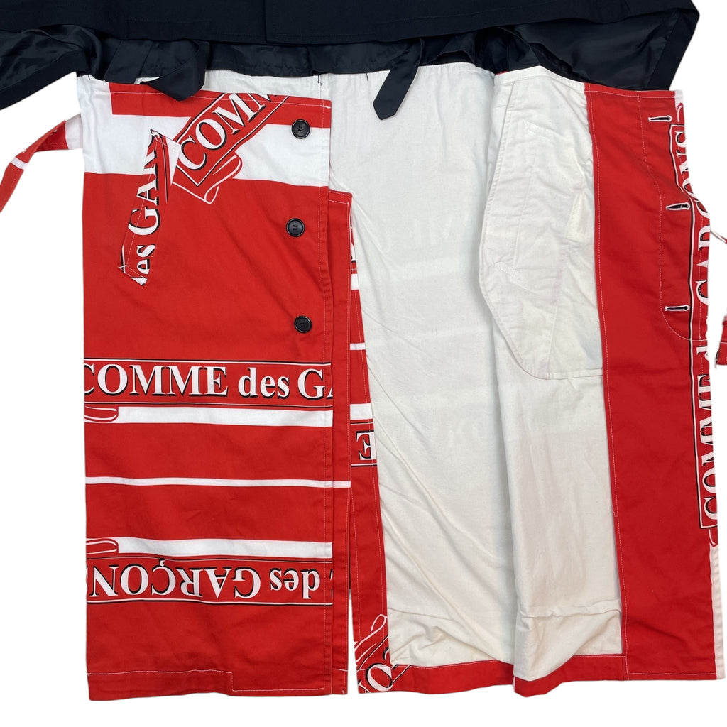 Zenno Archive Comme des Garçons Homme Plus AW20 runway docking coat featuring red and white logo print and black trim