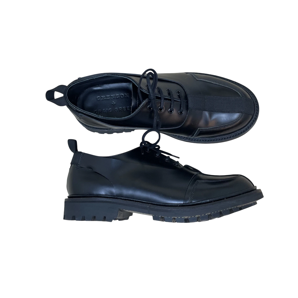 Zenno Archive Craig Green x Grenson black leather Oxford Derby shoes with a chunky lug sole and lace-up design.