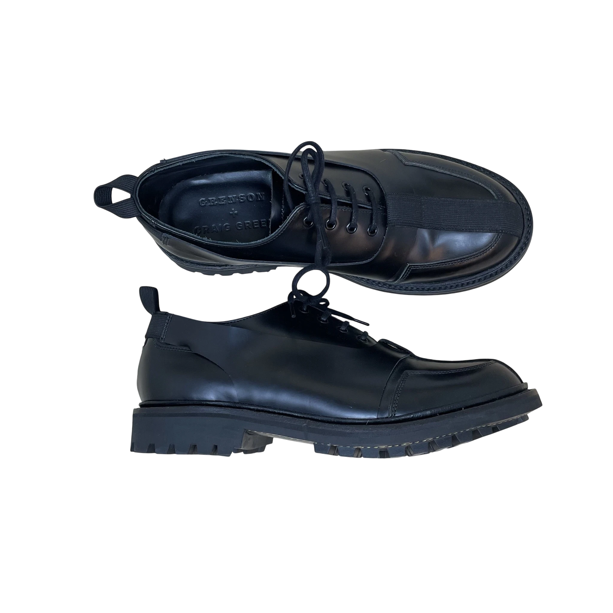 Zenno Archive Craig Green x Grenson black leather Oxford Derby shoes with a chunky lug sole and lace-up design.