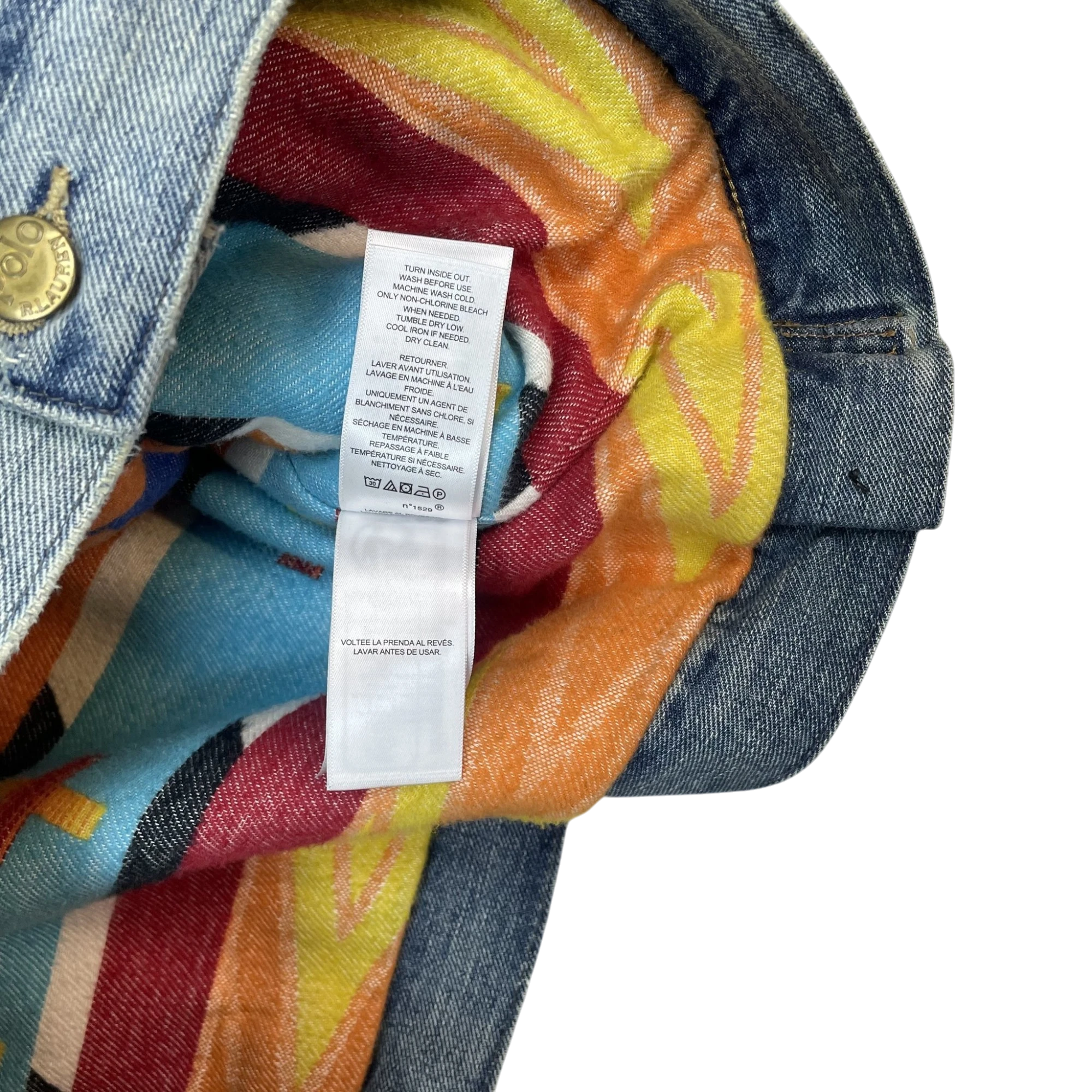 Zenno Archive Polo Ralph Lauren x Naiomi Glasses denim trucker jacket interior care label and colorful lining