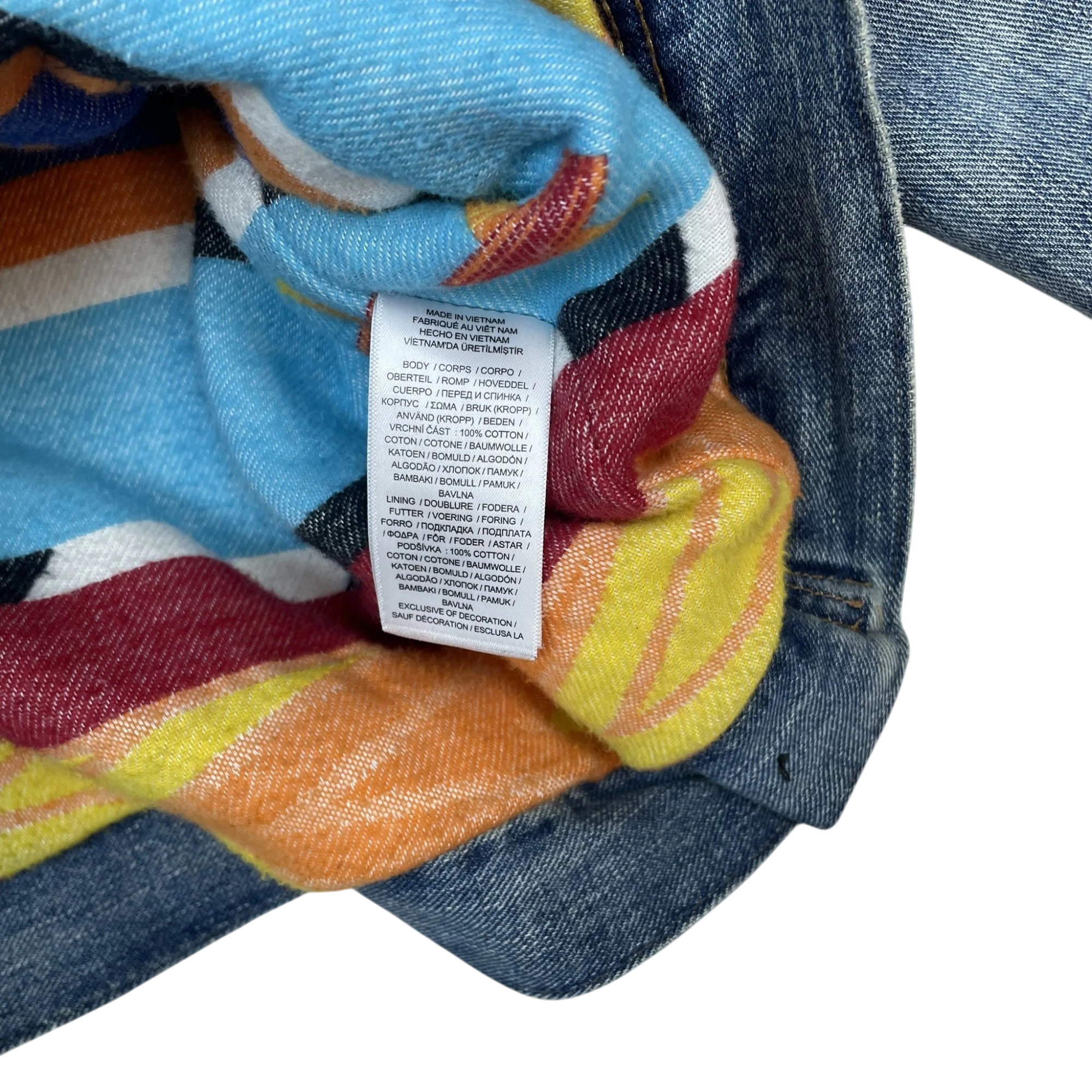 Zenno Archive Polo Ralph Lauren x Naiomi denim trucker jacket interior with colourful striped cotton lining and tag