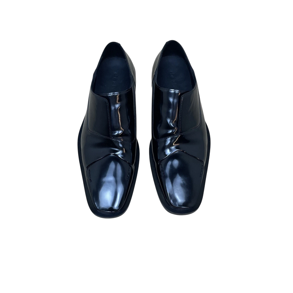 Zenno Archive Deriv black patent leather loafers with a sleek square toe design and minimalist slip-on silhouette.