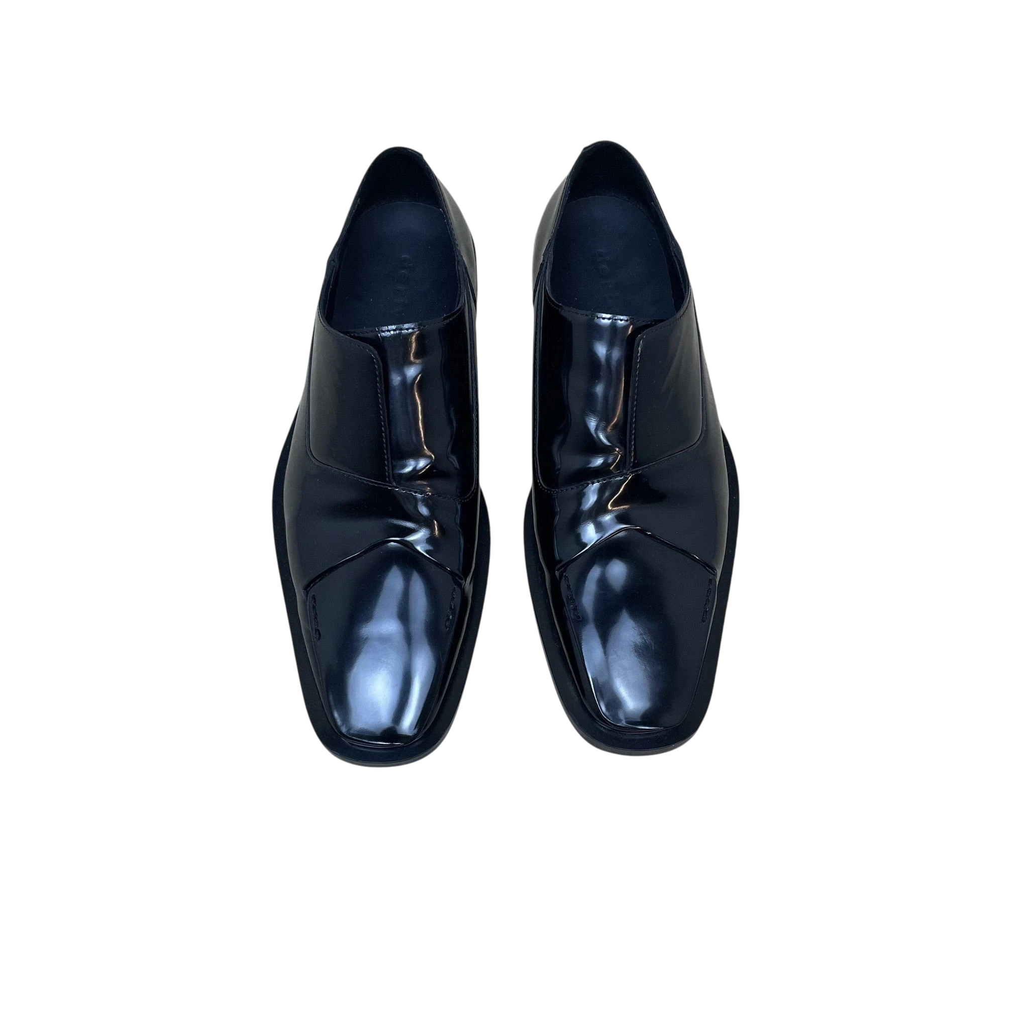 Zenno Archive Deriv black patent leather loafers with a sleek square toe design and minimalist slip-on silhouette.