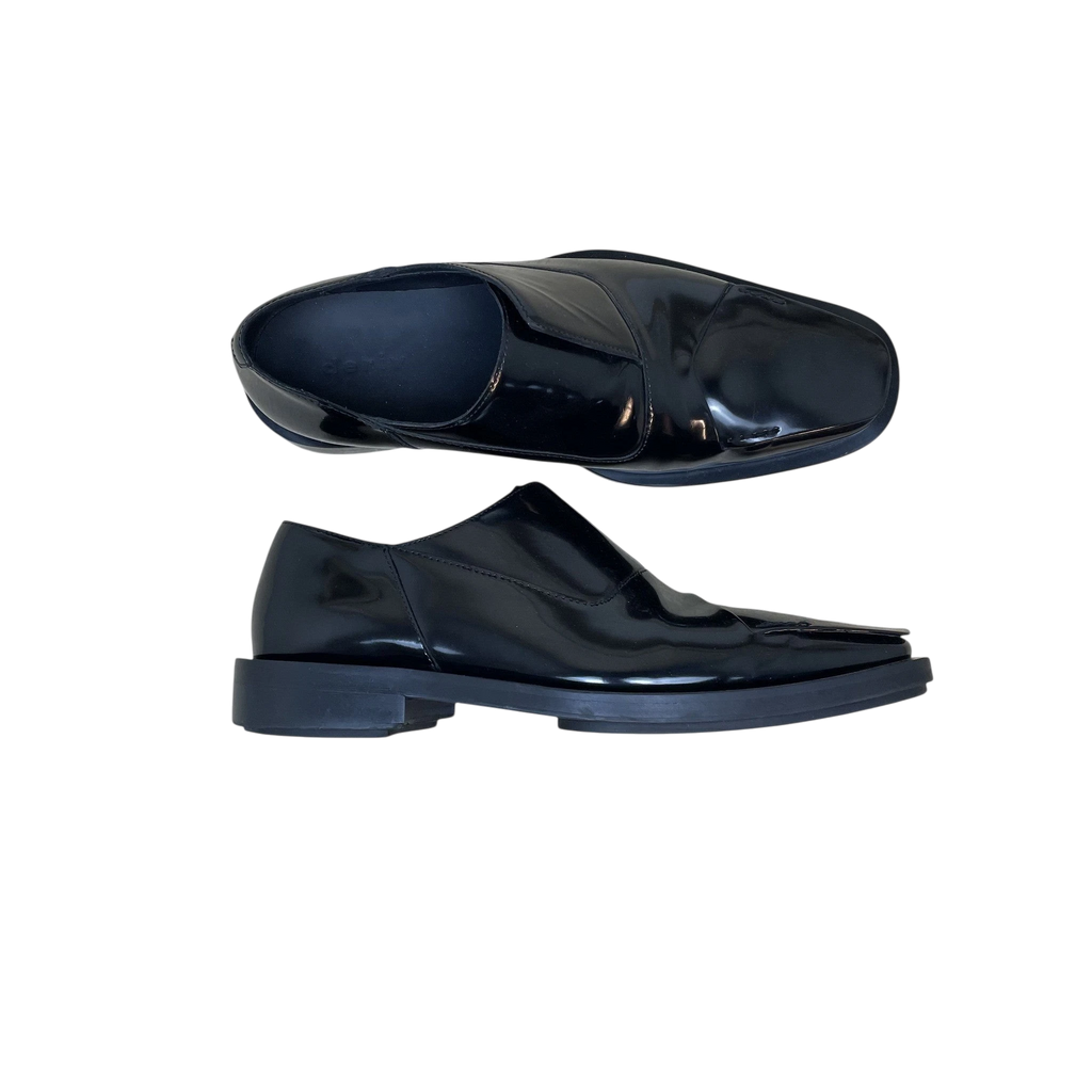 Zenno Archive Deriv black patent leather loafers with a square toe and low block heel, shown from top and side views.