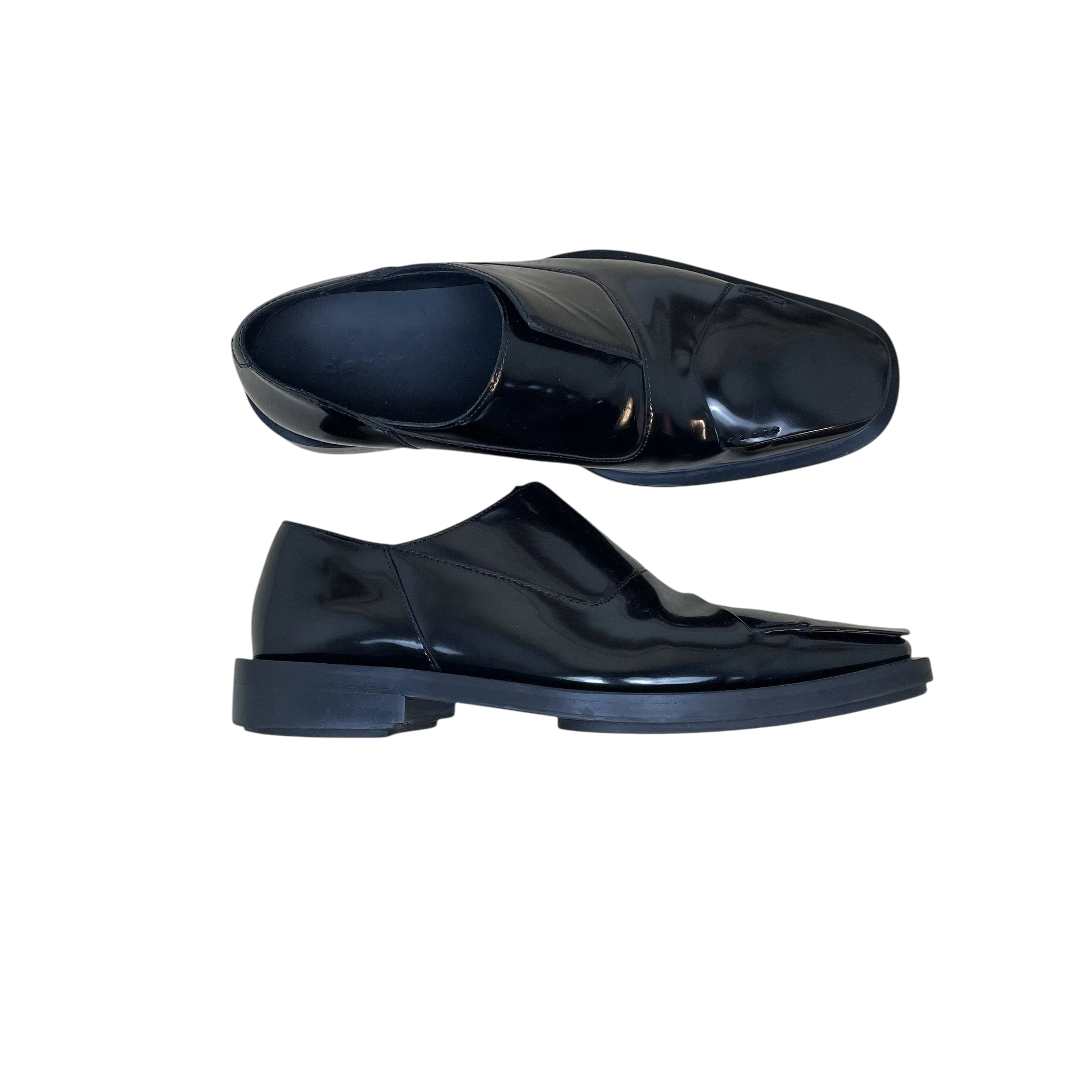 Zenno Archive Deriv black patent leather loafers with a square toe and low block heel, shown from top and side views.