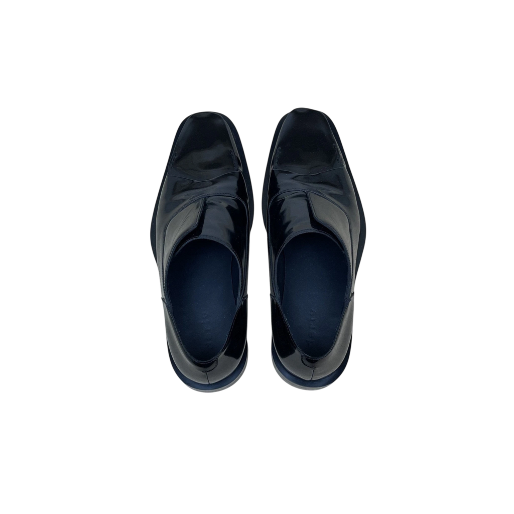 Zenno Archive Deriv black patent leather loafers with a sleek square toe design viewed from above.