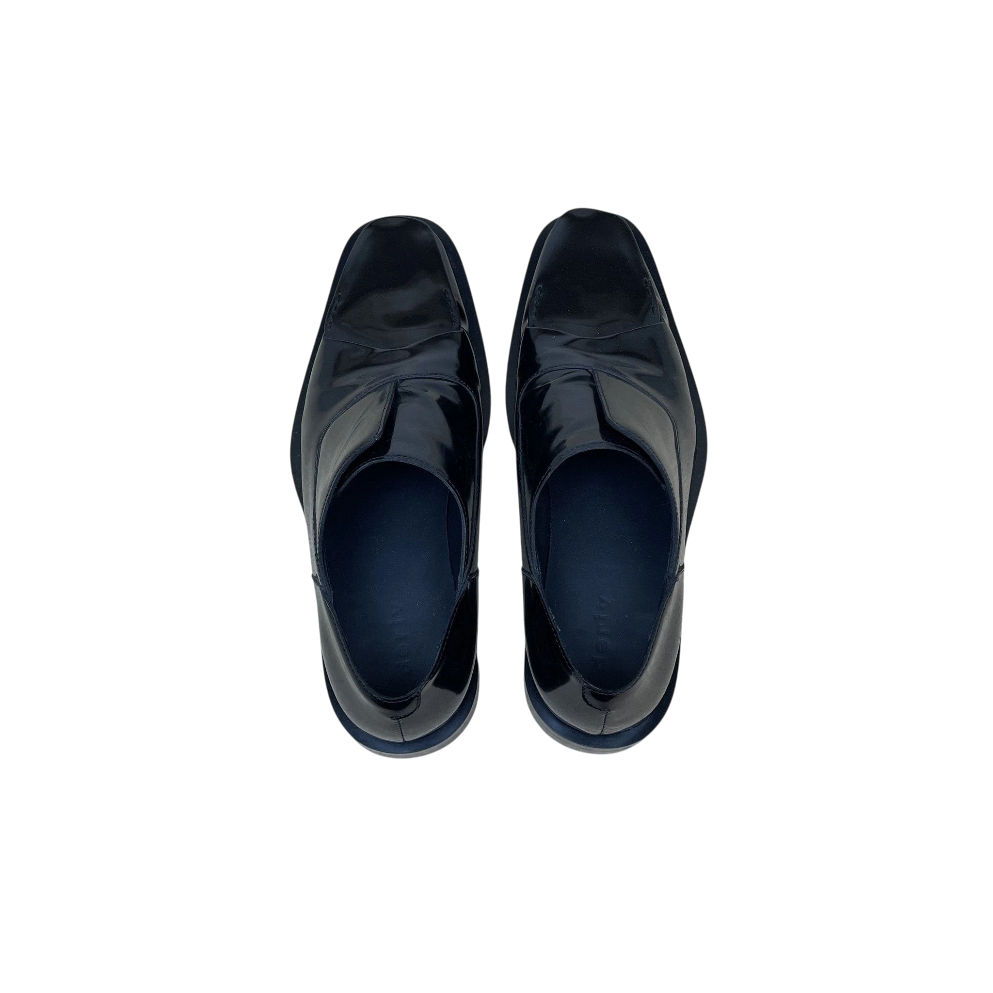 Zenno Archive Deriv black patent leather loafers with a sleek square toe design viewed from above.