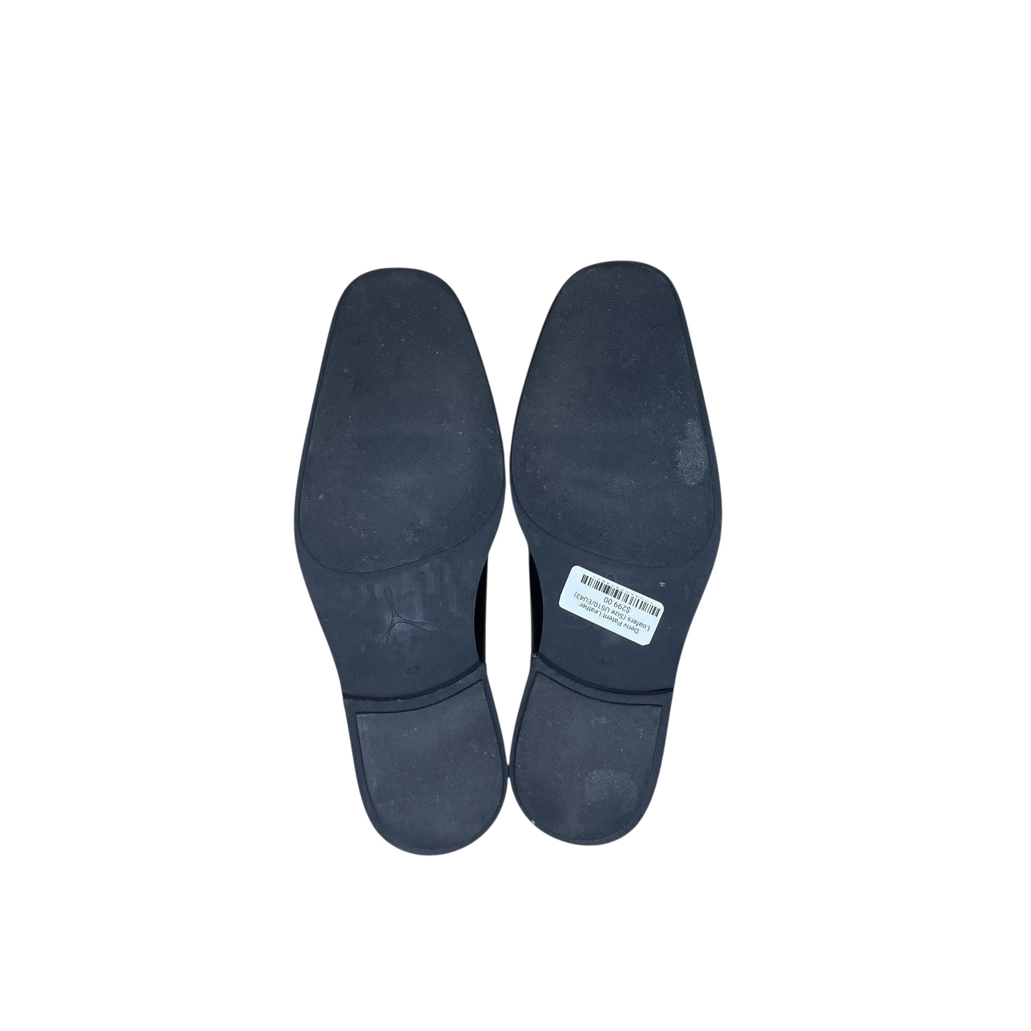Zenno Archive Deriv patent leather loafers featuring black smooth soles, viewed from the bottom.