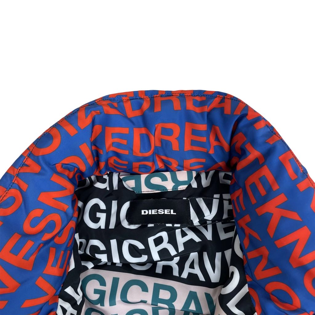 Zenno Archive Diesel FW18 W-Piatg puffer jacket collar with blue and red graphic logo print and interior branding