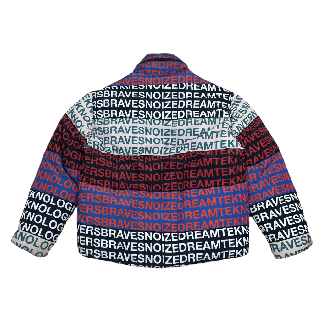 Zenno Archive Diesel FW18 W-Piatg puffer jacket featuring a multi-colored graphic print with repeating text patterns.