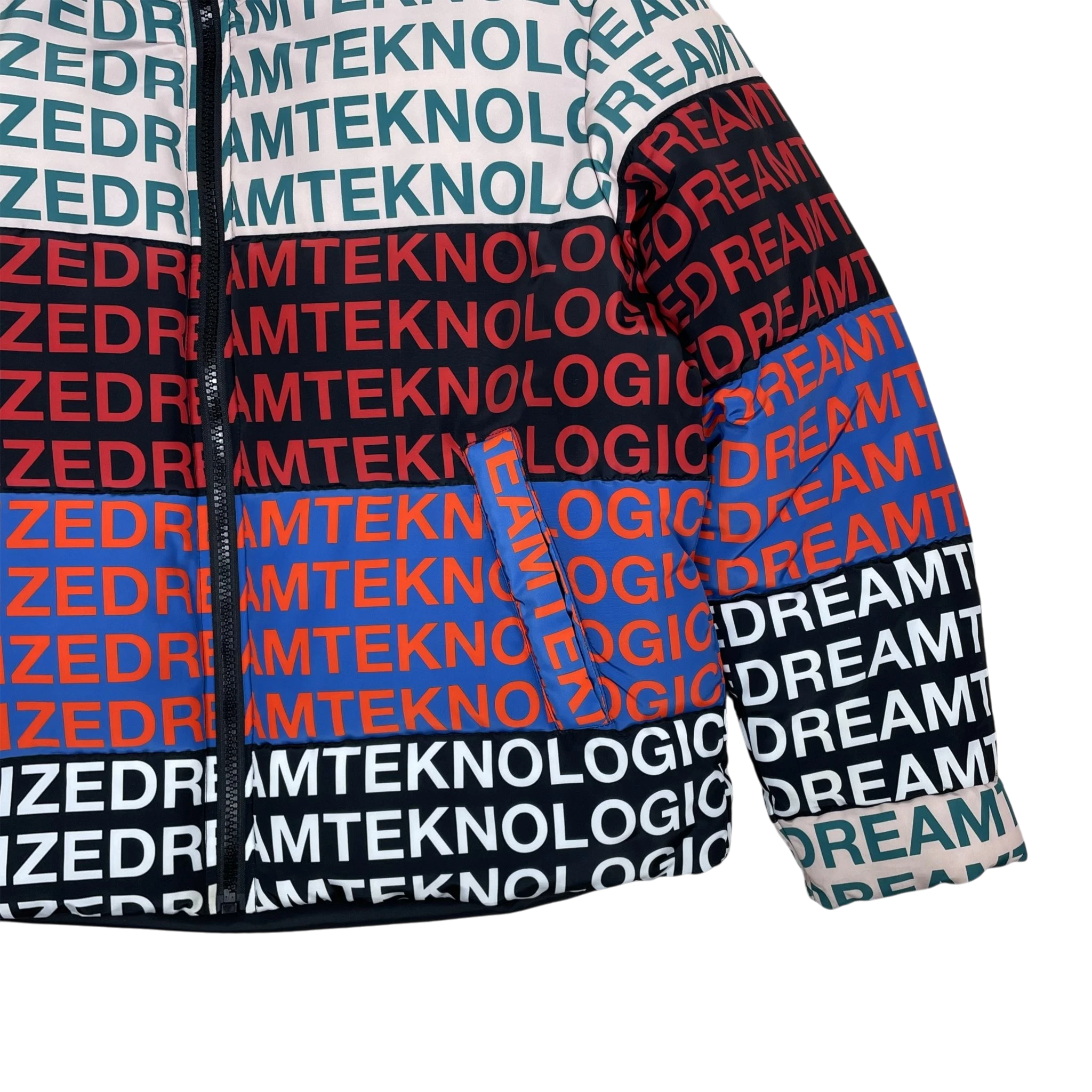Zenno Archive Diesel FW18 W-Piatg puffer jacket featuring multi-colored horizontal stripes with graphic text print.