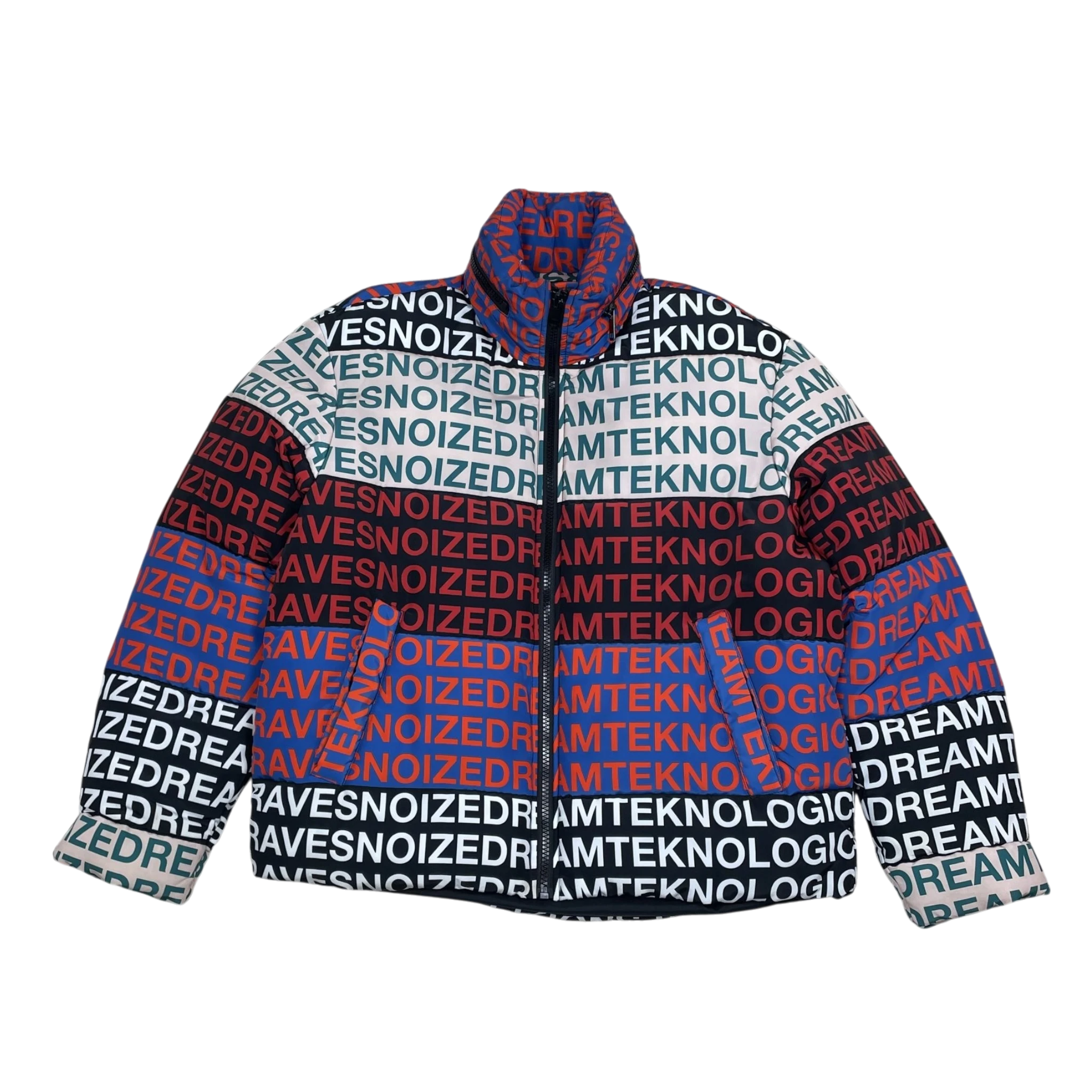Zenno Archive Diesel FW18 W-Piatg puffer jacket featuring a vibrant multi-colored graphic print and high collar