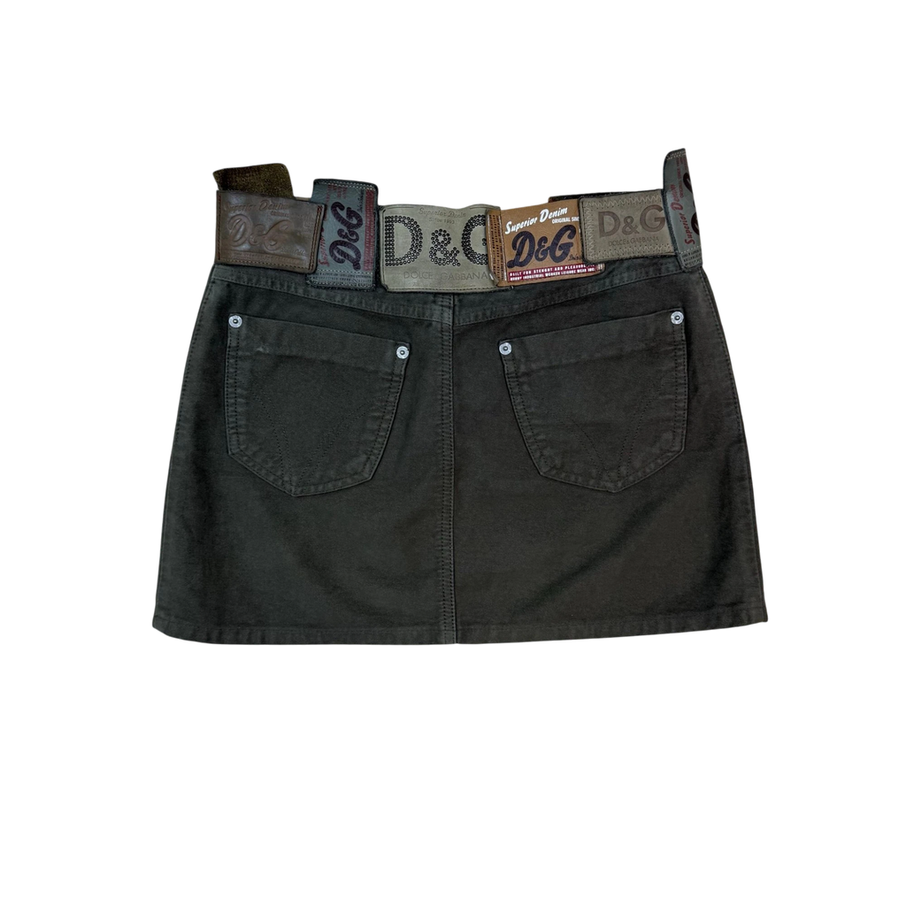Zenno Archive Dolce & Gabbana AW03 khaki green mini skirt featuring multiple branded leather and fabric waist tags.