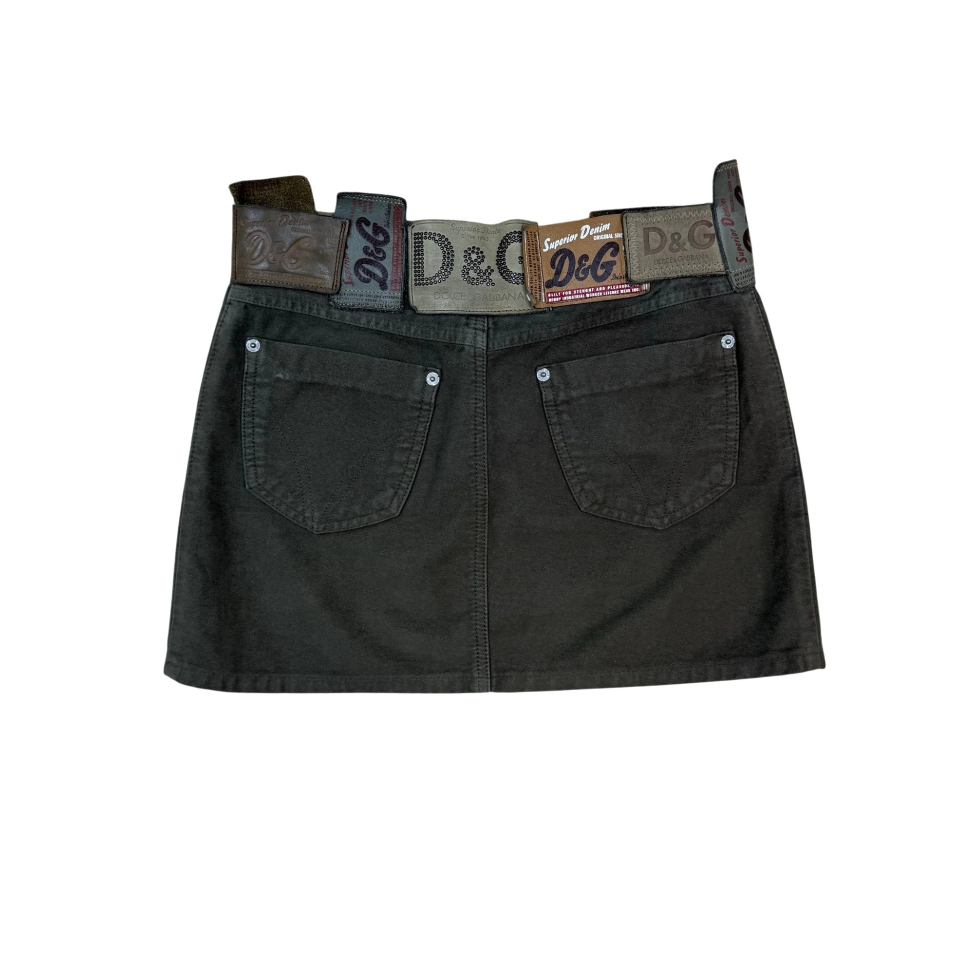 Zenno Archive Dolce & Gabbana AW03 khaki green mini skirt featuring multiple branded leather and fabric waist tags.