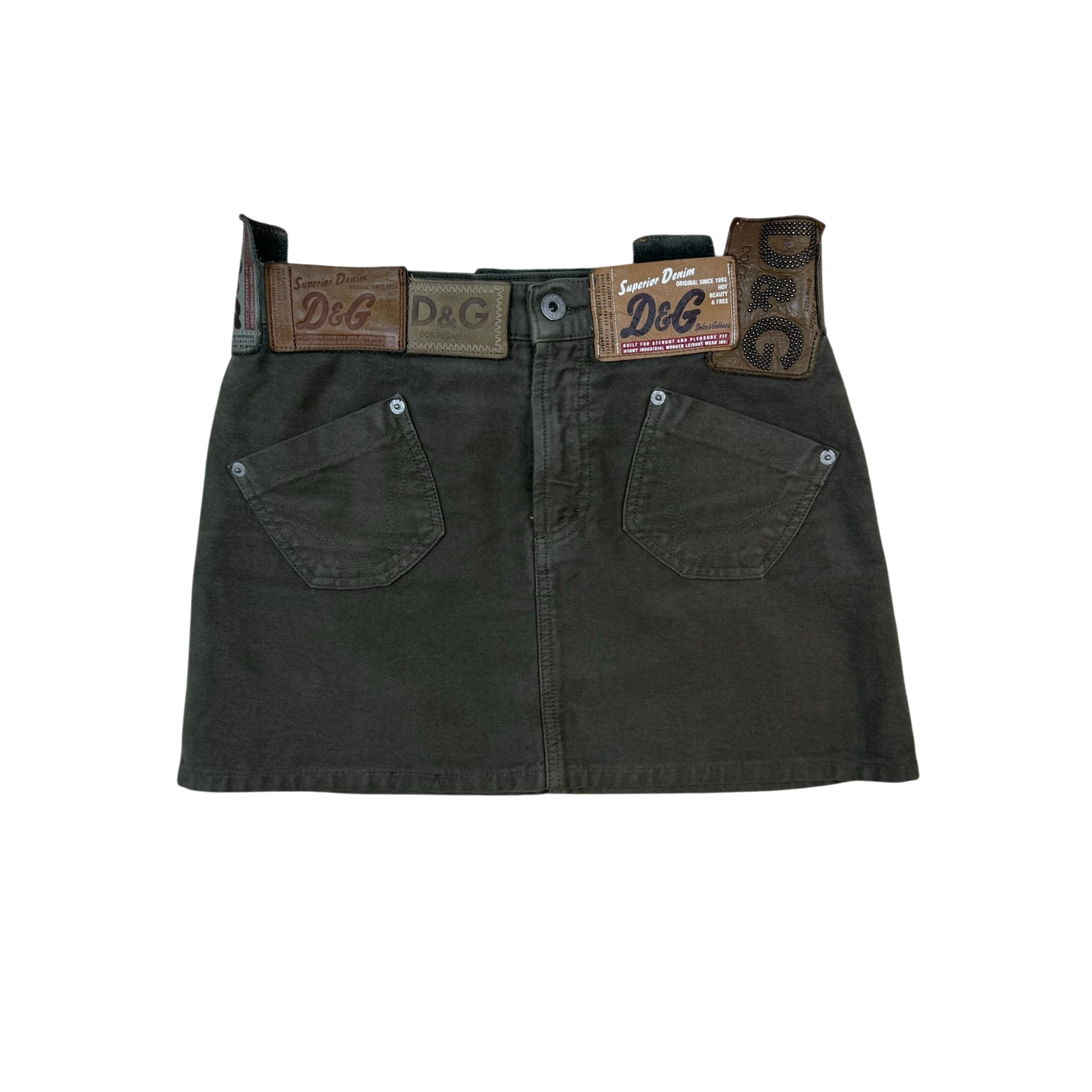 Zenno Archive Dolce & Gabbana AW03 khaki green mini skirt featuring multiple branded leather and fabric logo tags