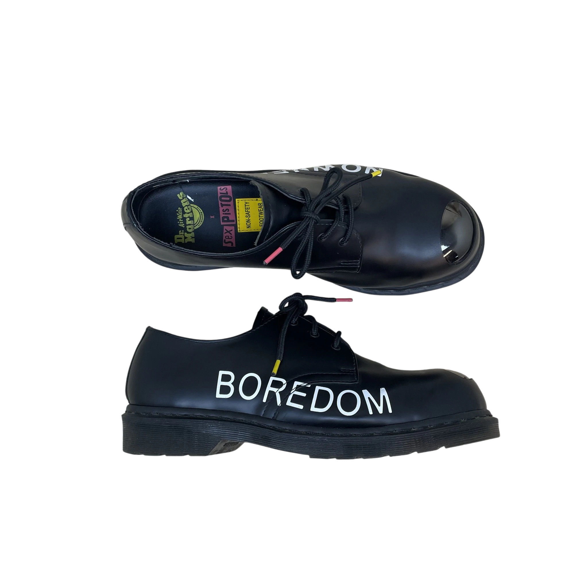 Zenno Archive Dr Martens x Sex Pistols 1461 black leather shoes with metal toe and BOREDOM print