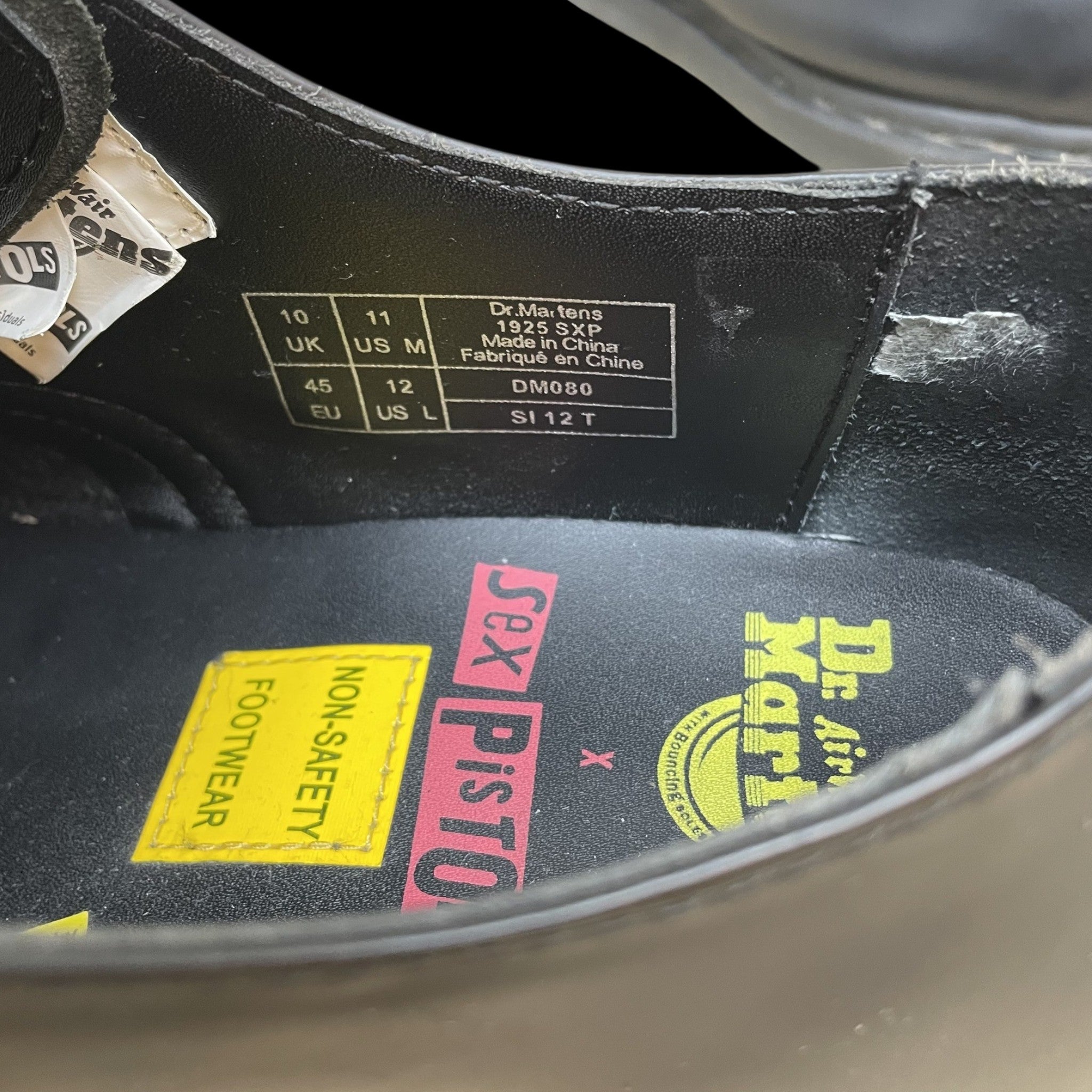 Zenno Archive Dr Martens x Sex Pistols 1461 shoe interior showing size tag and co-branded insole