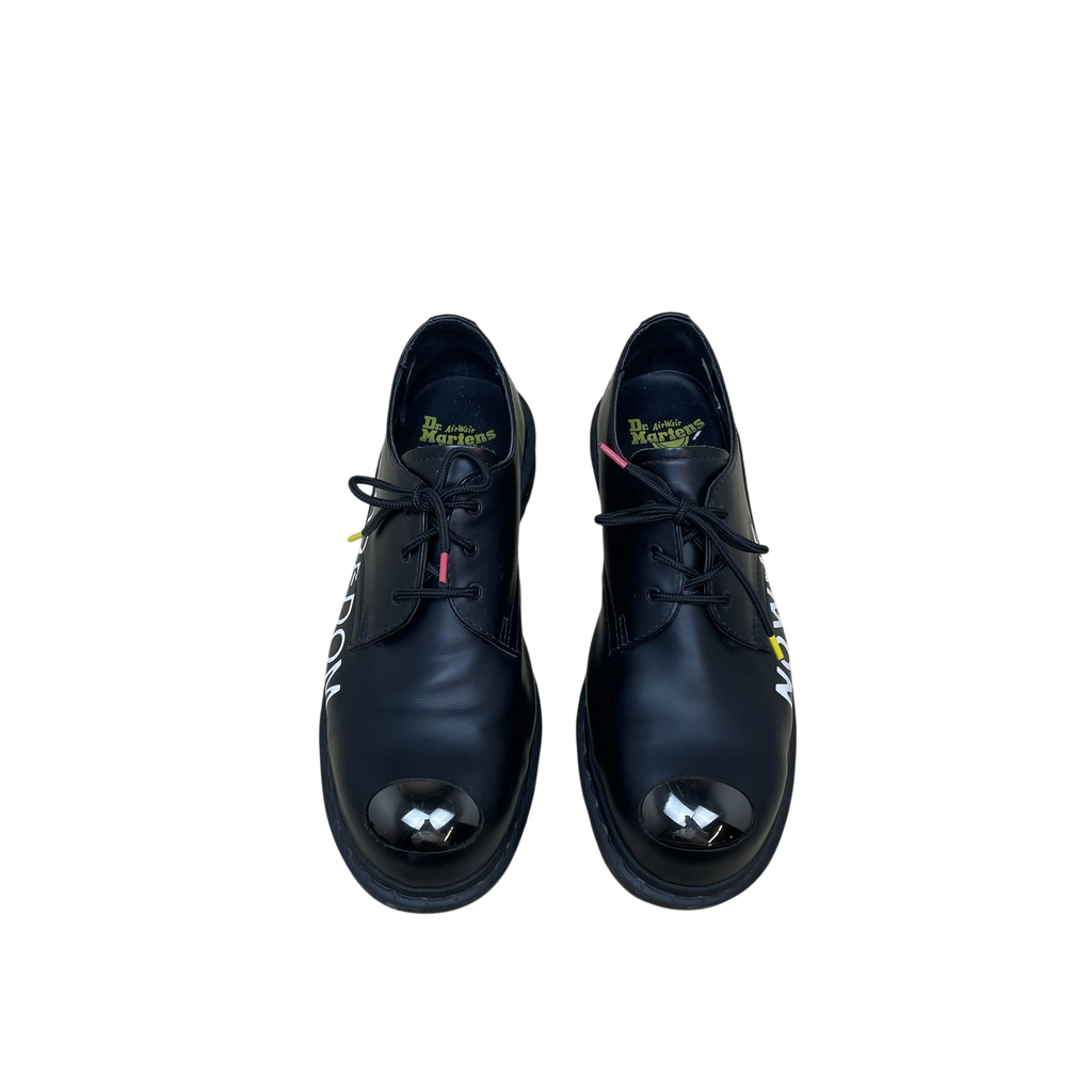 Zenno Archive Dr Martens x Sex Pistols 1461 black leather shoes with exposed metal toe caps and graphic text