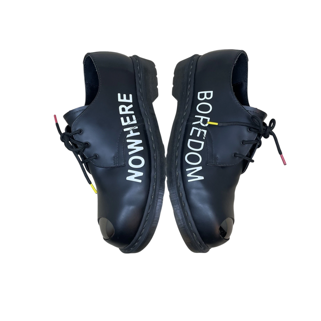 Zenno Archive Dr Martens x Sex Pistols 1461 black leather shoes with white Nowhere Boredom text and metal toe caps