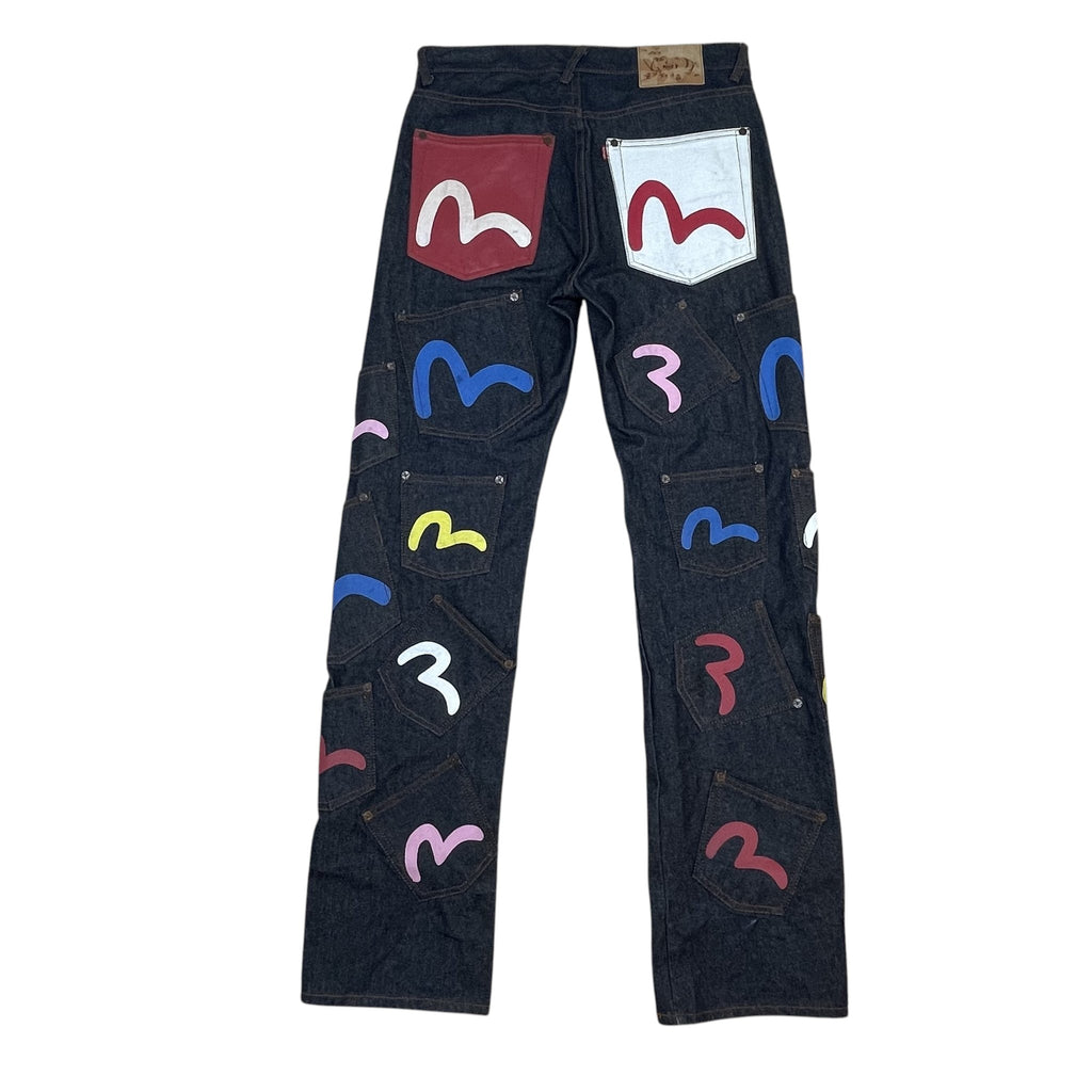 Zenno Archive Evisu multi pocket selvedge denim jeans in dark wash with colorful painted seagull logos on back