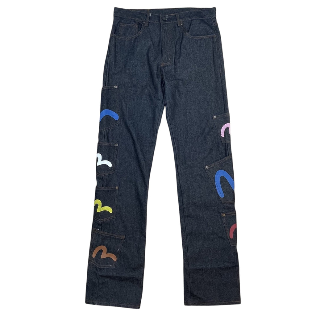 Zenno Archive Evisu dark wash selvedge denim jeans featuring colorful multi-pocket seagull logo embroidery