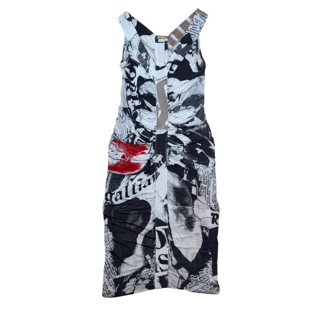 Zenno Archive Galliano Gazette newspaper print sleeveless dress in white and black with red accent detail