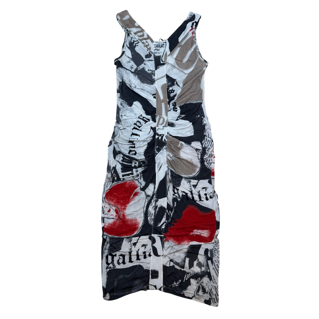 Zenno Archive Galliano Gazette newspaper print sleeveless midi dress with ruched front detail in white and multi-color