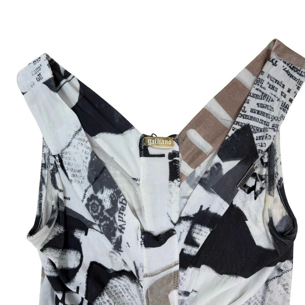 Zenno Archive Galliano sleeveless dress featuring a white and black newspaper print with a V-neckline