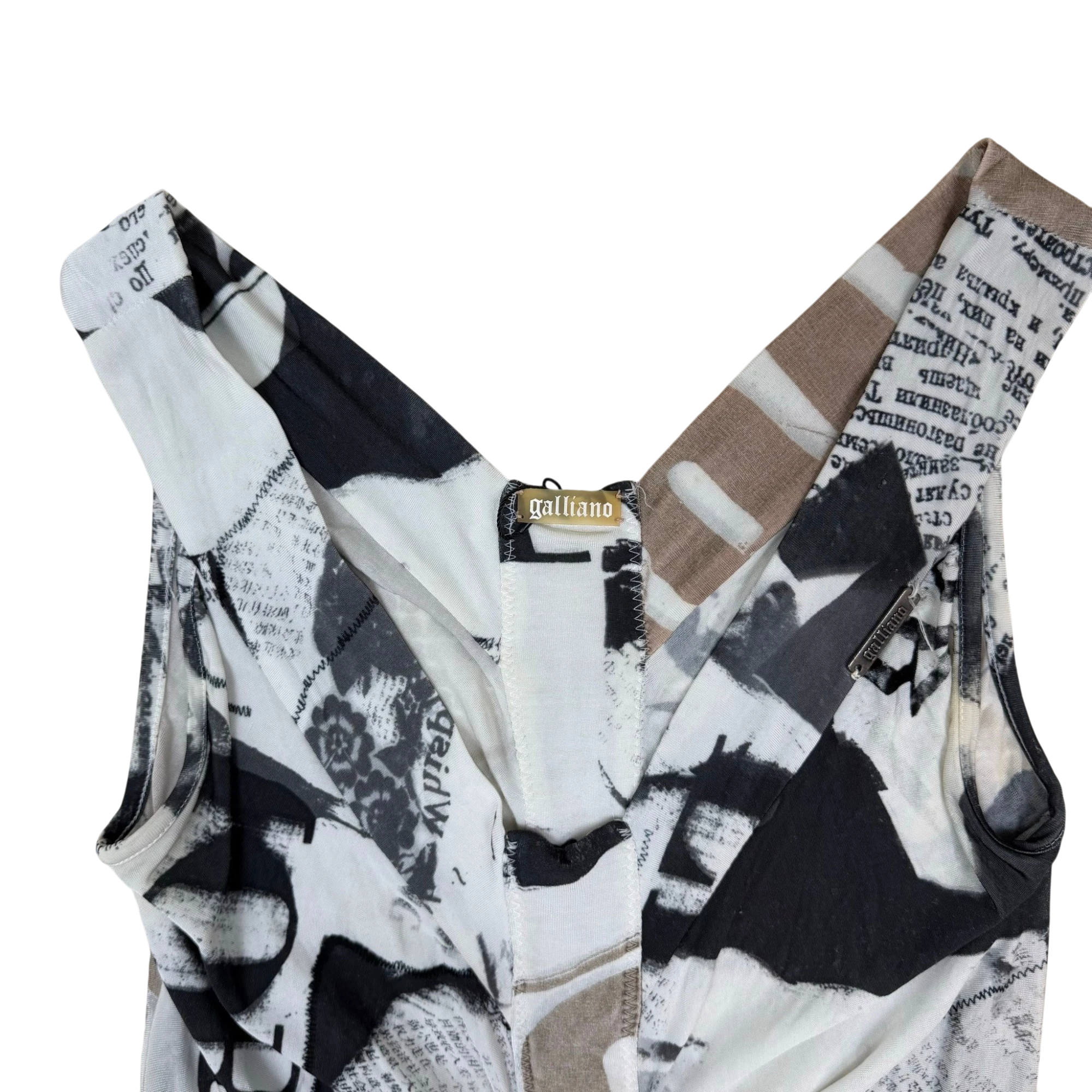 Zenno Archive Galliano sleeveless dress featuring a white and black newspaper print with a V-neckline